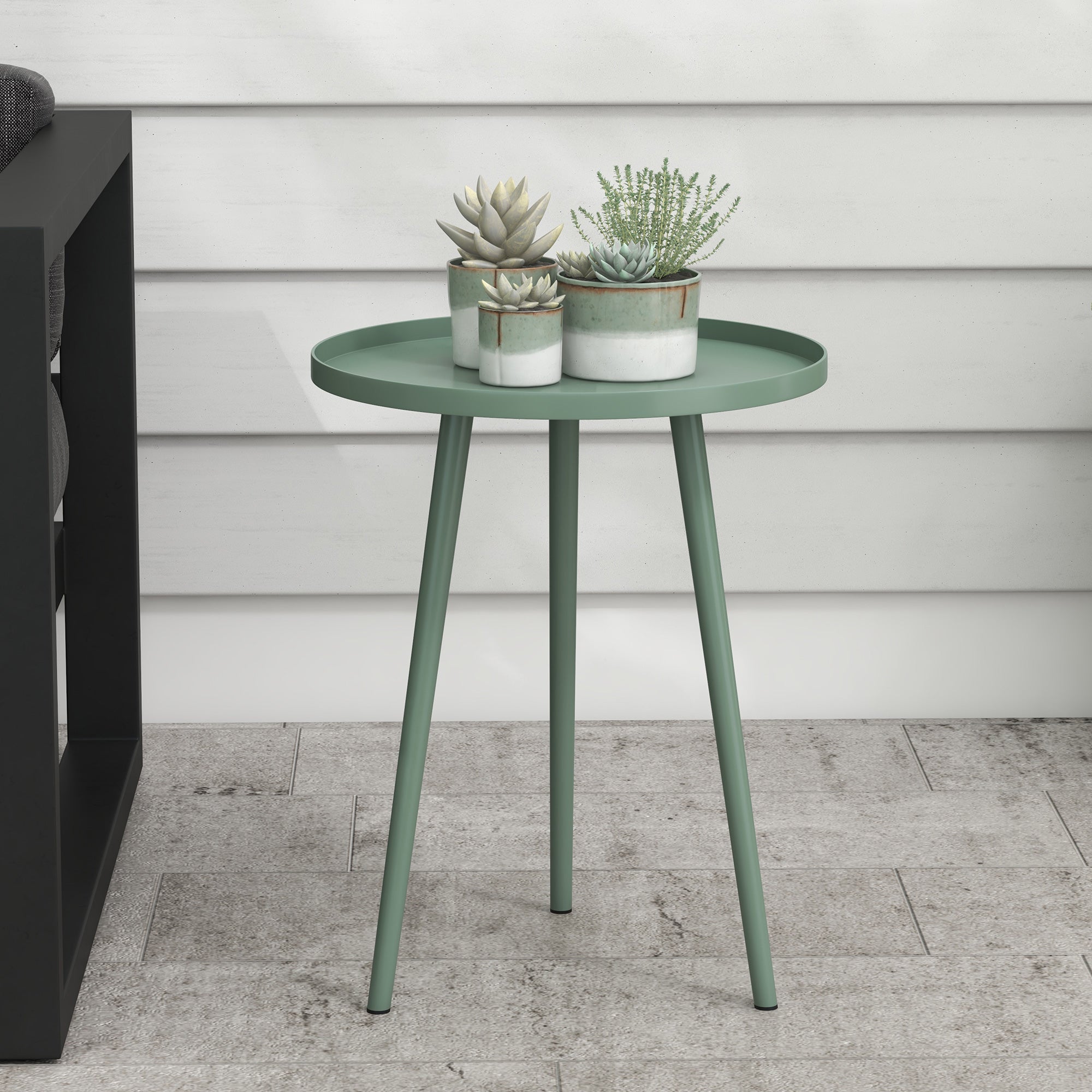 Garden Side Table, weather-resistant outdoor table with raised edge, steel balcony table, round coffee table load capacity 20kg, Ø40x50H cm, side table for outdoor indoor balcony terrace Green