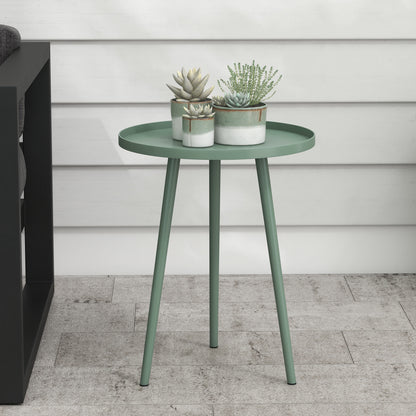 Garden Side Table, weather-resistant outdoor table with raised edge, steel balcony table, round coffee table load capacity 20kg, Ø40x50H cm, side table for outdoor indoor balcony terrace Green