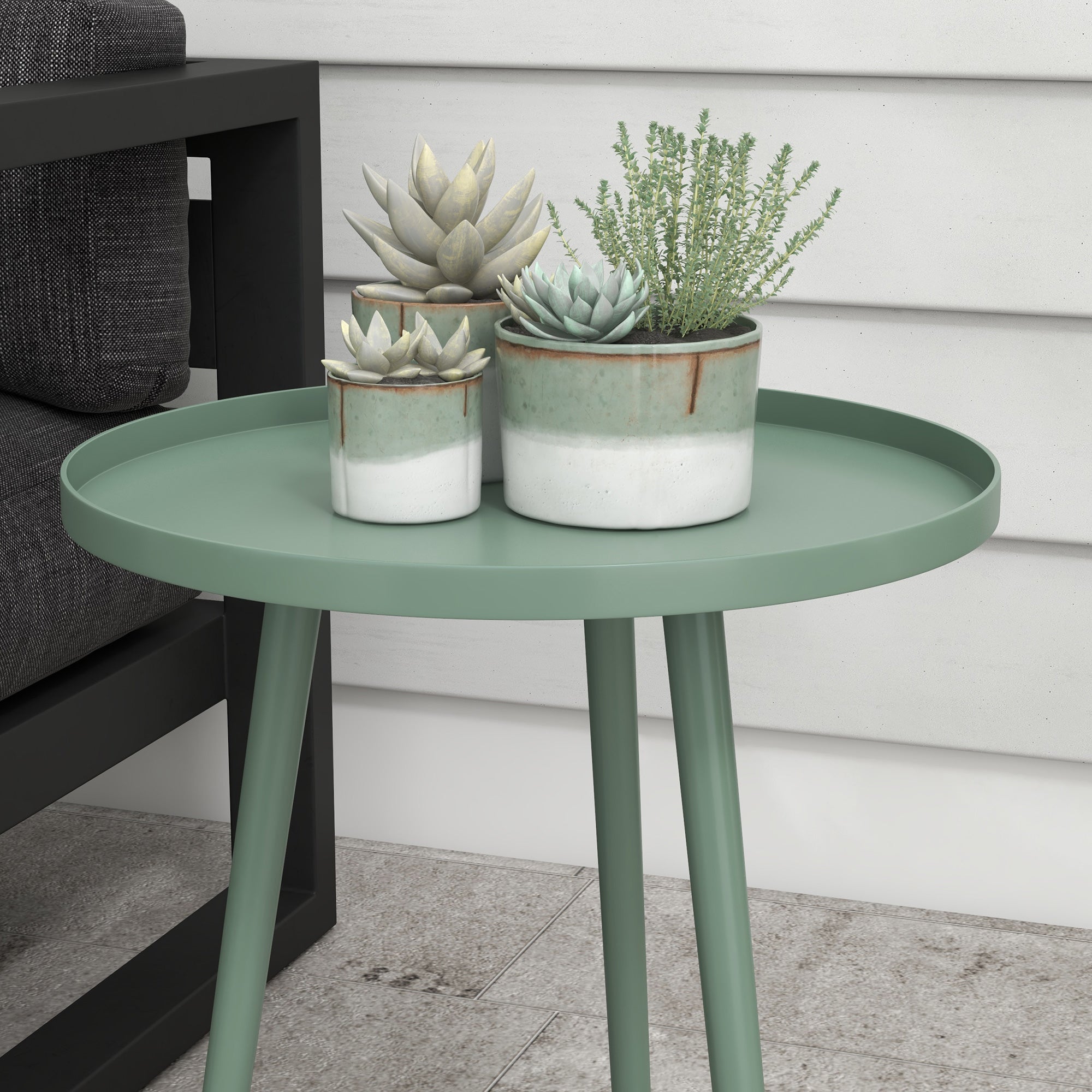 Garden Side Table, weather-resistant outdoor table with raised edge, steel balcony table, round coffee table load capacity 20kg, Ø40x50H cm, side table for outdoor indoor balcony terrace Green