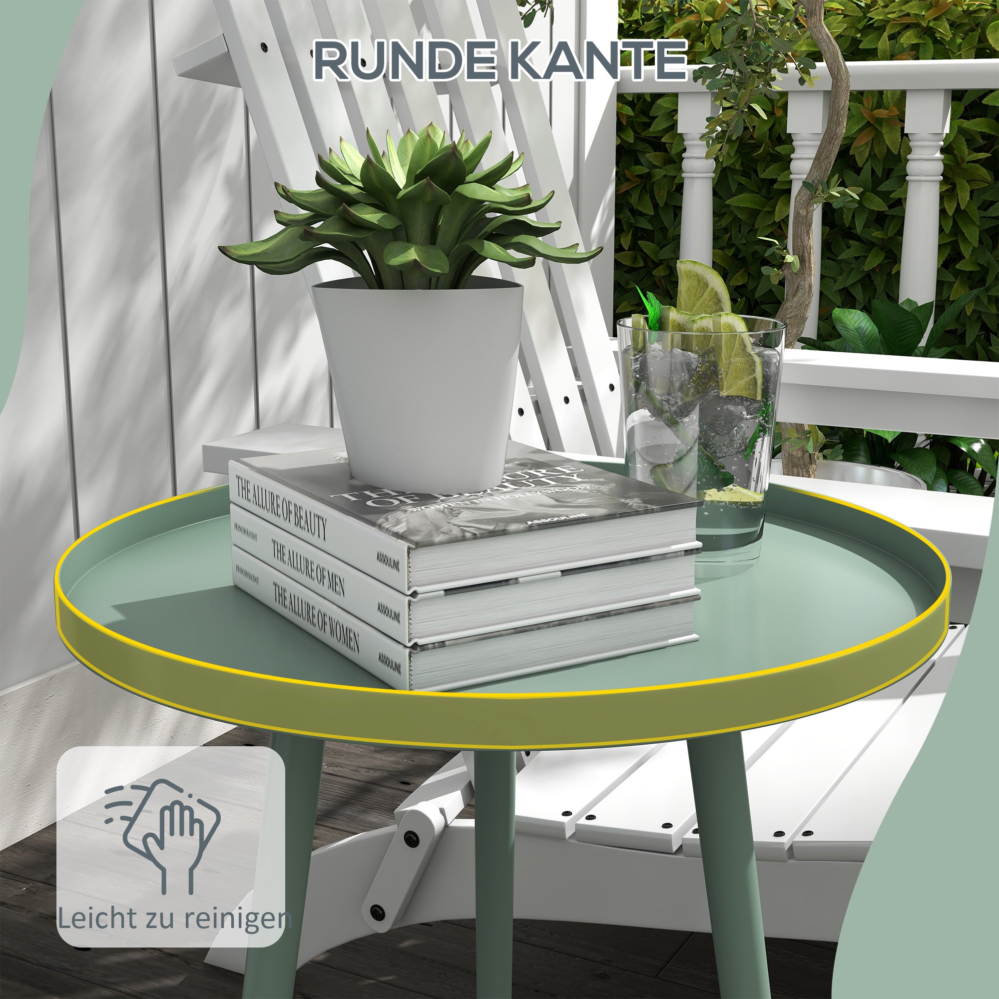 Garden Side Table, weather-resistant outdoor table with raised edge, steel balcony table, round coffee table load capacity 20kg, Ø40x50H cm, side table for outdoor indoor balcony terrace Green