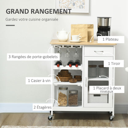 Kitchen Trolley with Wheels Multi-Storage Wine Rack, Drawer, Door, Shelves White