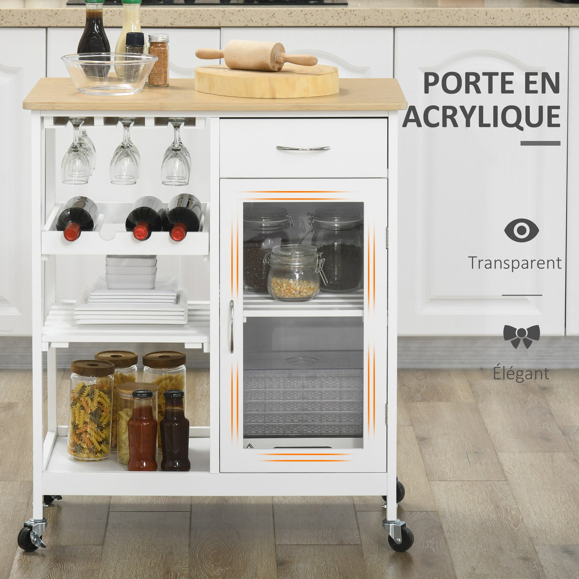 Kitchen Trolley with Wheels Multi-Storage Wine Rack, Drawer, Door, Shelves White