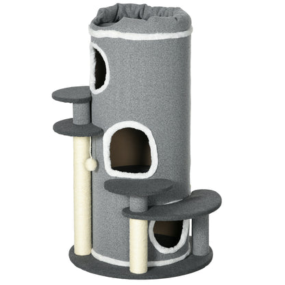 Cat Tree 99 cm Cat Tower with 3 Caves, Play Ball, Sisal Posts, Platform, Multi-Level Cat Scratching Post, Climbing Tree, for Medium Cats, Gray