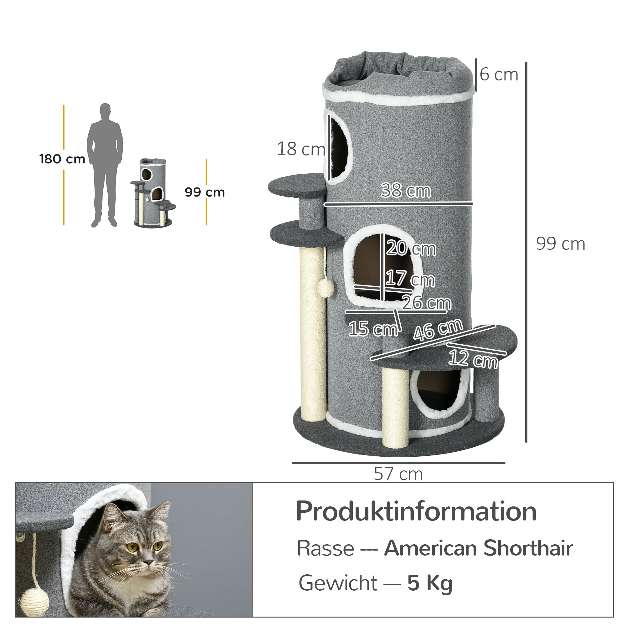 Cat Tree 99 cm Cat Tower with 3 Caves, Play Ball, Sisal Posts, Platform, Multi-Level Cat Scratching Post, Climbing Tree, for Medium Cats, Gray