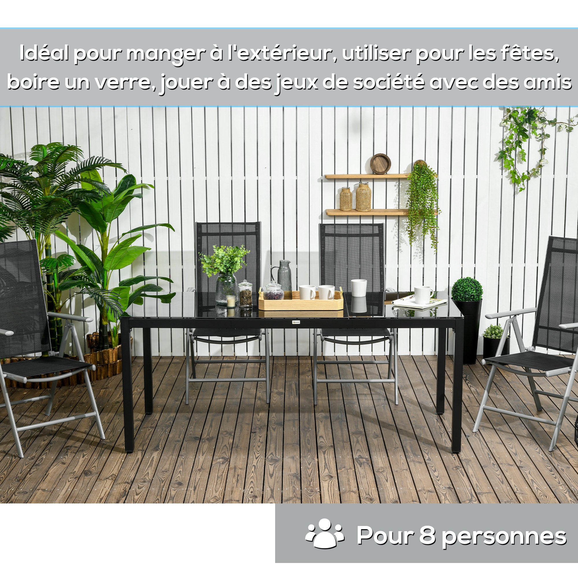 Rectangular Garden Table Outdoor Dining Table for 8 People with Tempered Glass Top and Aluminum Frame 180 x 80 x 72 cm Black