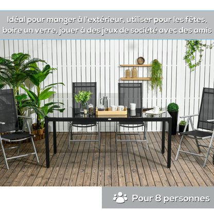 Rectangular Garden Table Outdoor Dining Table for 8 People with Tempered Glass Top and Aluminum Frame 180 x 80 x 72 cm Black