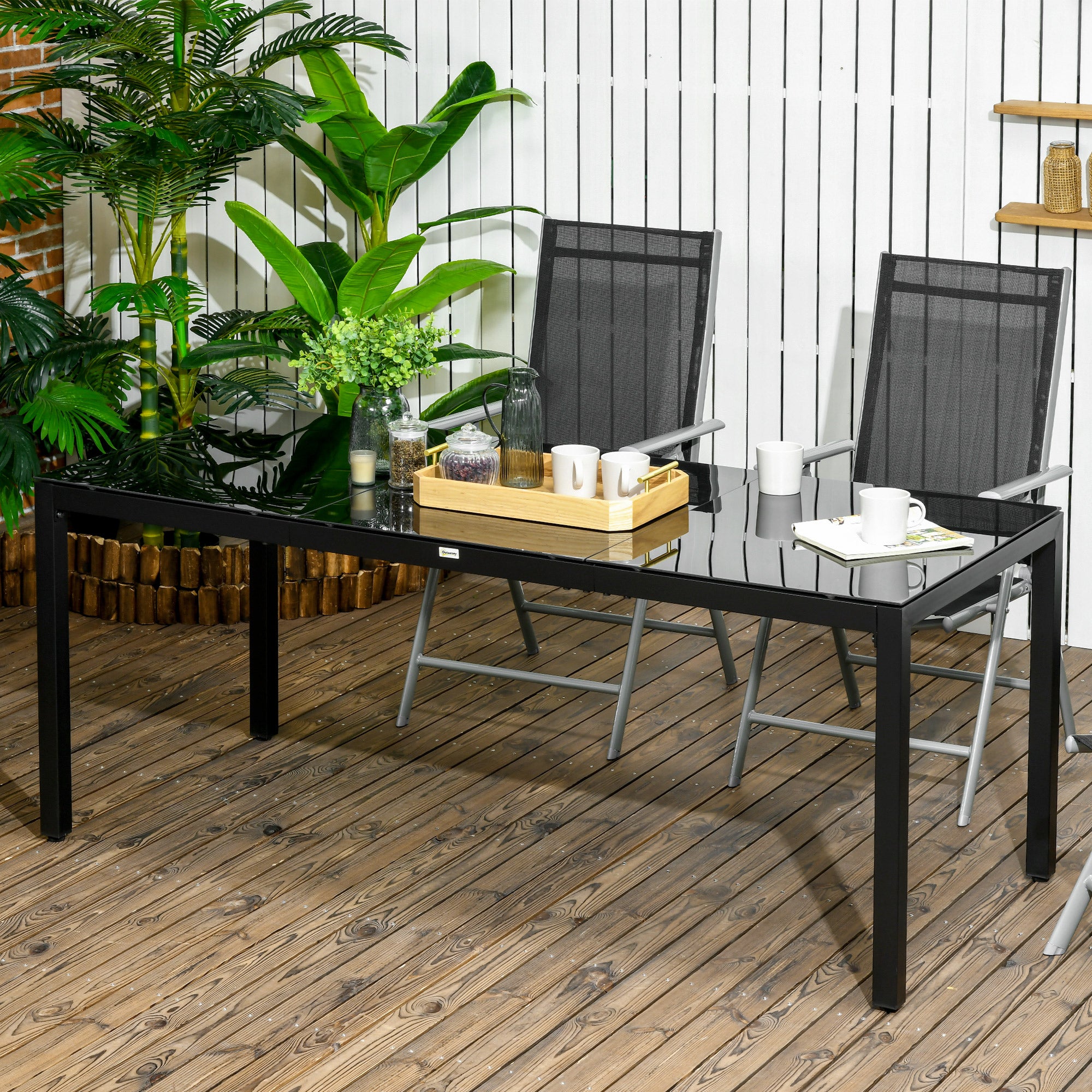 Rectangular Garden Table Outdoor Dining Table for 8 People with Tempered Glass Top and Aluminum Frame 180 x 80 x 72 cm Black