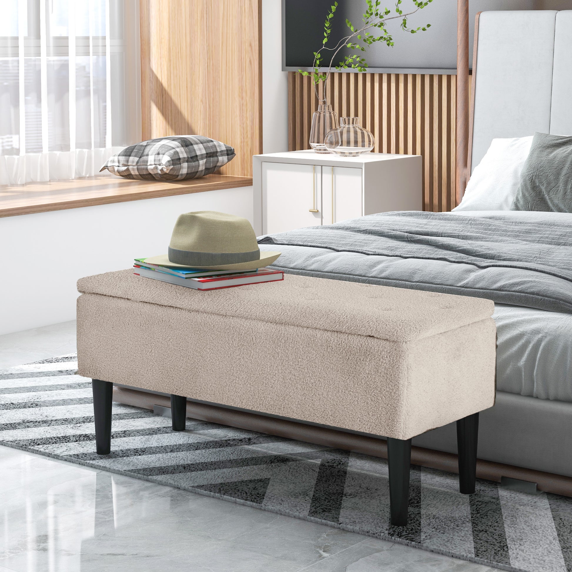 Bedroom Storage Bench Storage Chest Capacity 47 L with Flip Top and Wooden Legs for Living Room Load 120 kg 95x38x45 cm Beige