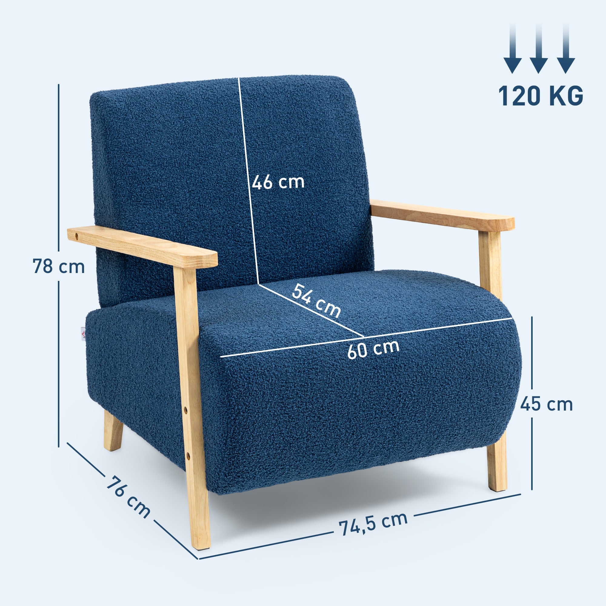 1-Seater Sofa Upholstered in Synthetic Sheepskin 74.5 cm Living Room Sofa with Thick Padding Armrests and Rubber Wood Legs for Bedroom Dark Blue