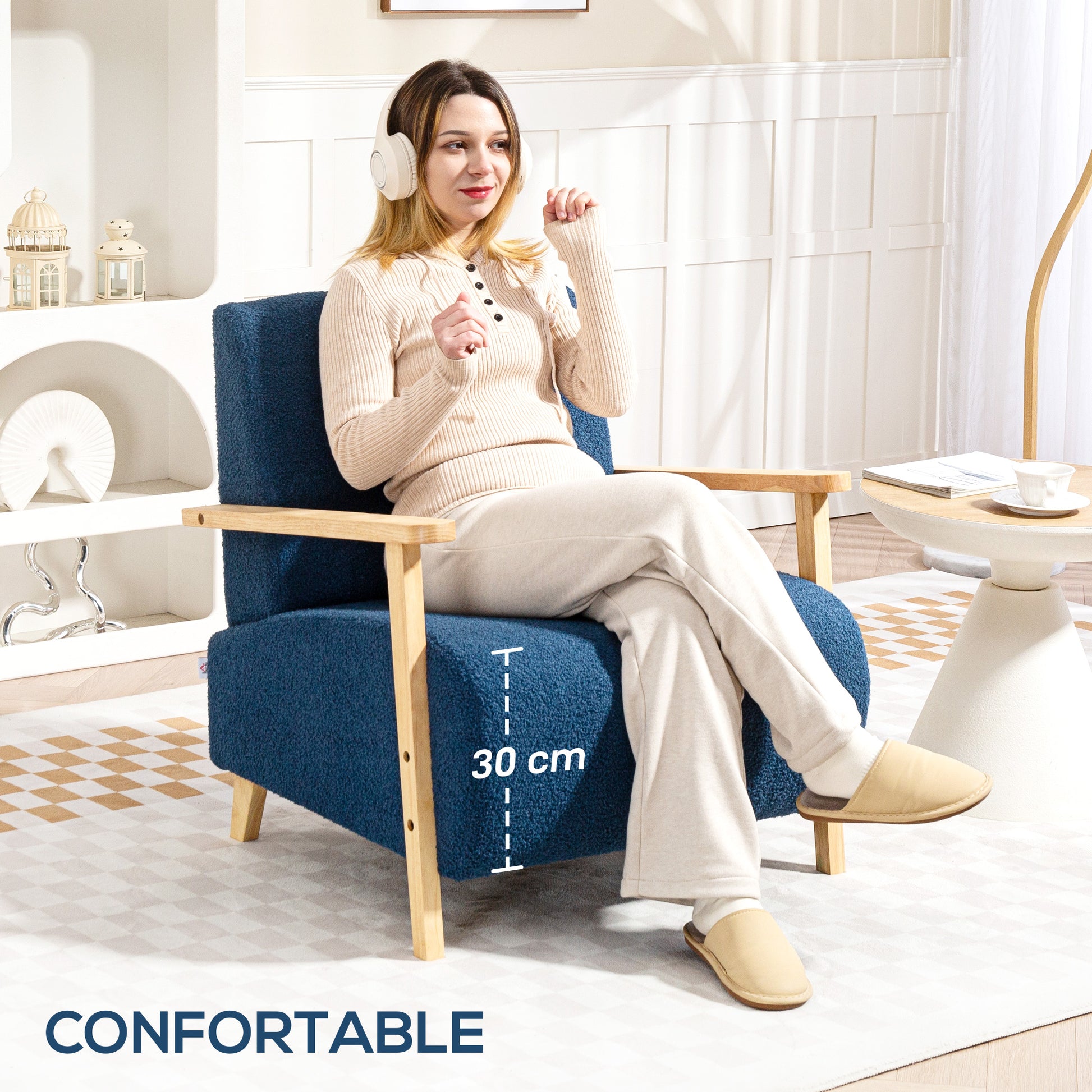 1-Seater Sofa Upholstered in Synthetic Sheepskin 74.5 cm Living Room Sofa with Thick Padding Armrests and Rubber Wood Legs for Bedroom Dark Blue