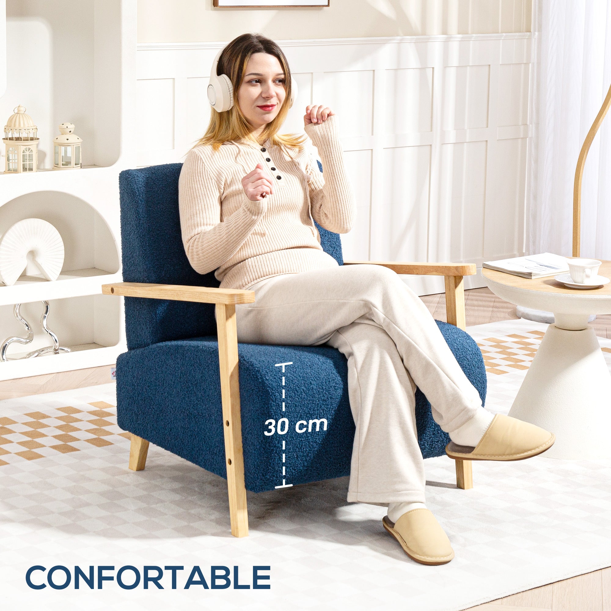 1-Seater Sofa Upholstered in Synthetic Sheepskin 74.5 cm Living Room Sofa with Thick Padding Armrests and Rubber Wood Legs for Bedroom Dark Blue