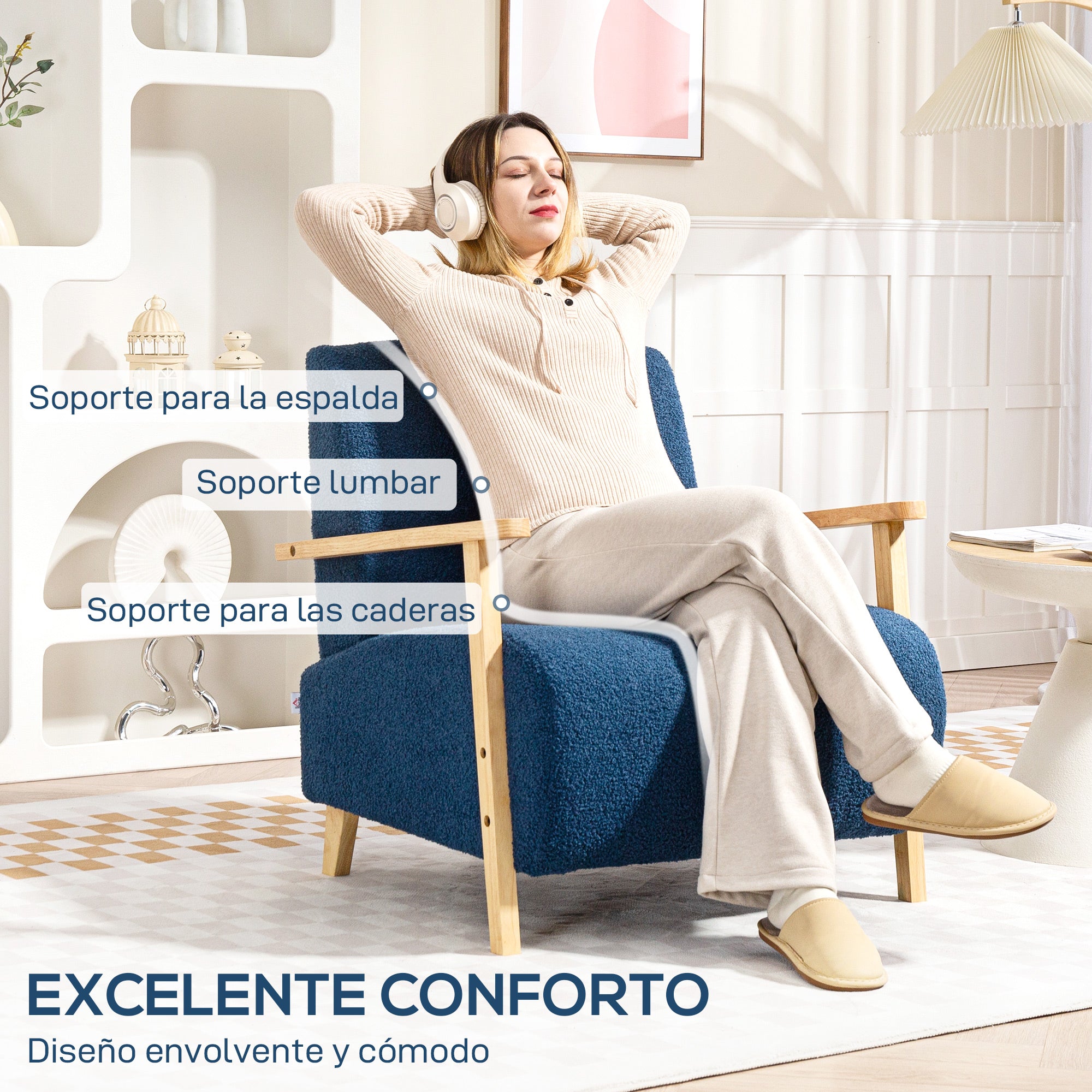 1-Seater Sofa Upholstered in Synthetic Sheepskin 74.5 cm Living Room Sofa with Thick Padding Armrests and Rubber Wood Legs for Bedroom Dark Blue