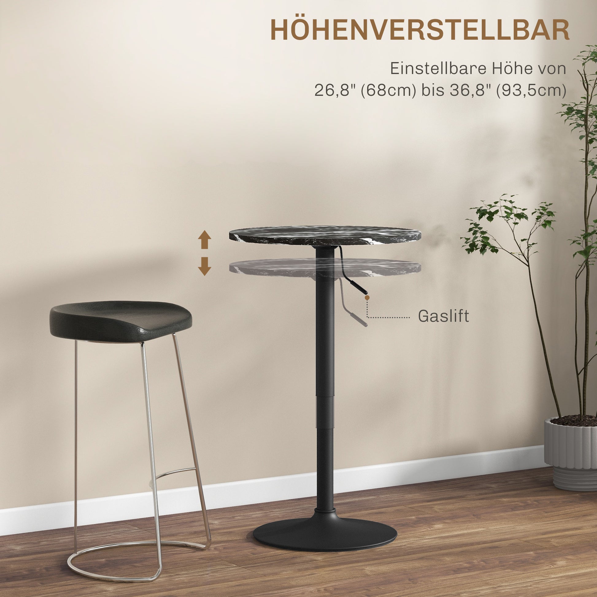 Bar Table Standing Table Round Dining Table for 2 People, Kitchen Table with Marble Look for Living Room, Dining Room, Small Spaces, Black, Ø60 x 68-93.5cm