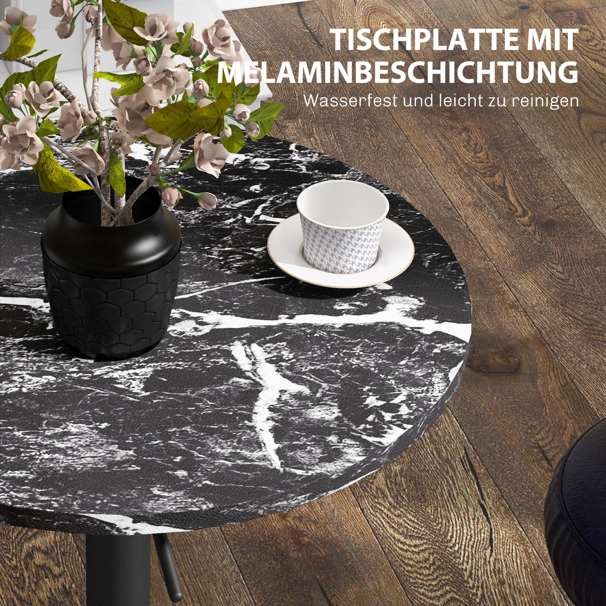 Bar Table Standing Table Round Dining Table for 2 People, Kitchen Table with Marble Look for Living Room, Dining Room, Small Spaces, Black, Ø60 x 68-93.5cm
