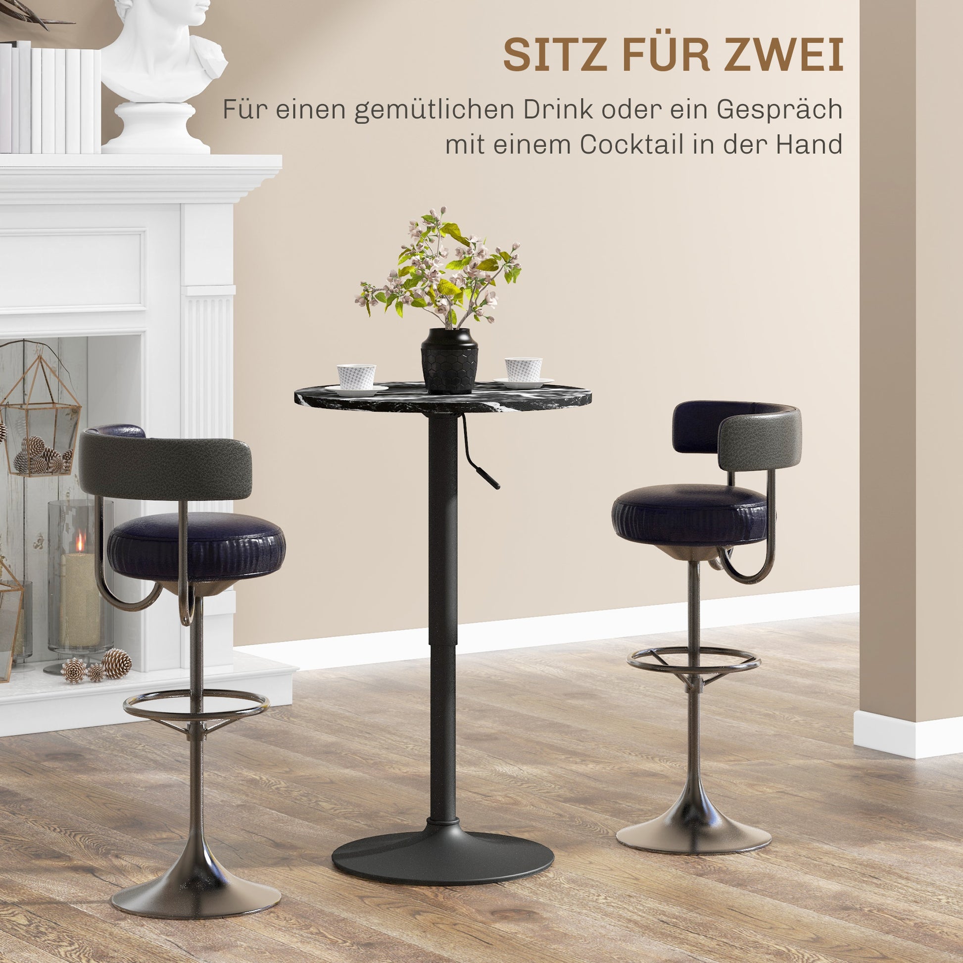 Bar Table Standing Table Round Dining Table for 2 People, Kitchen Table with Marble Look for Living Room, Dining Room, Small Spaces, Black, Ø60 x 68-93.5cm