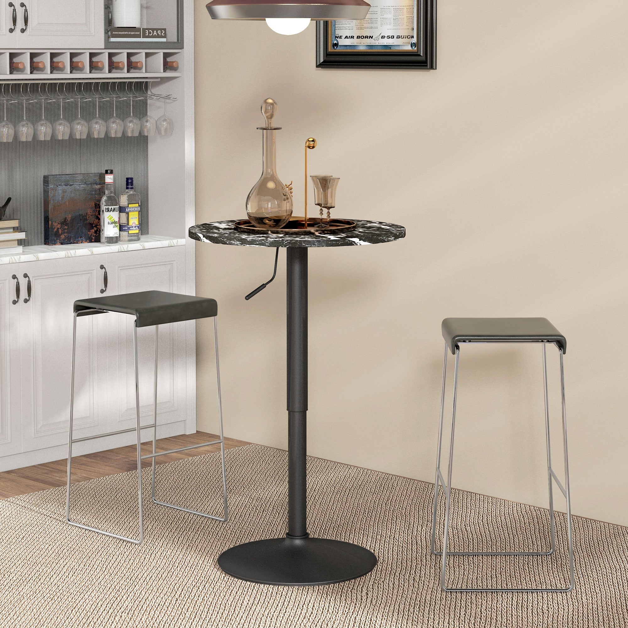 Bar Table Standing Table Round Dining Table for 2 People, Kitchen Table with Marble Look for Living Room, Dining Room, Small Spaces, Black, Ø60 x 68-93.5cm