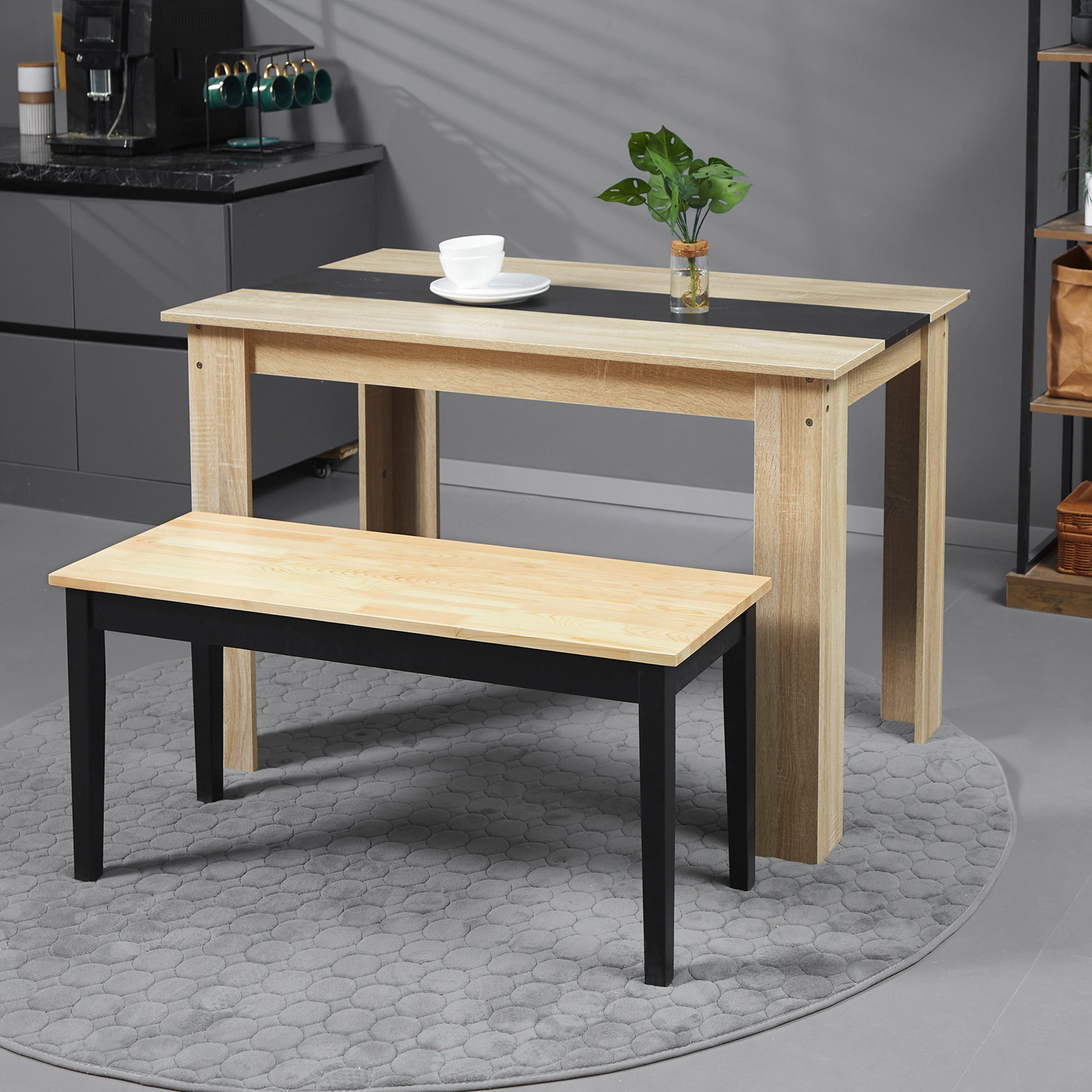 2-Seater Wooden Bench, Kitchen Bench Living Room Bench for Kitchen, Entrance, up to 220 kg Load Capacity, Pine Wood, Natural+Black, 102 x 36 x 45 cm