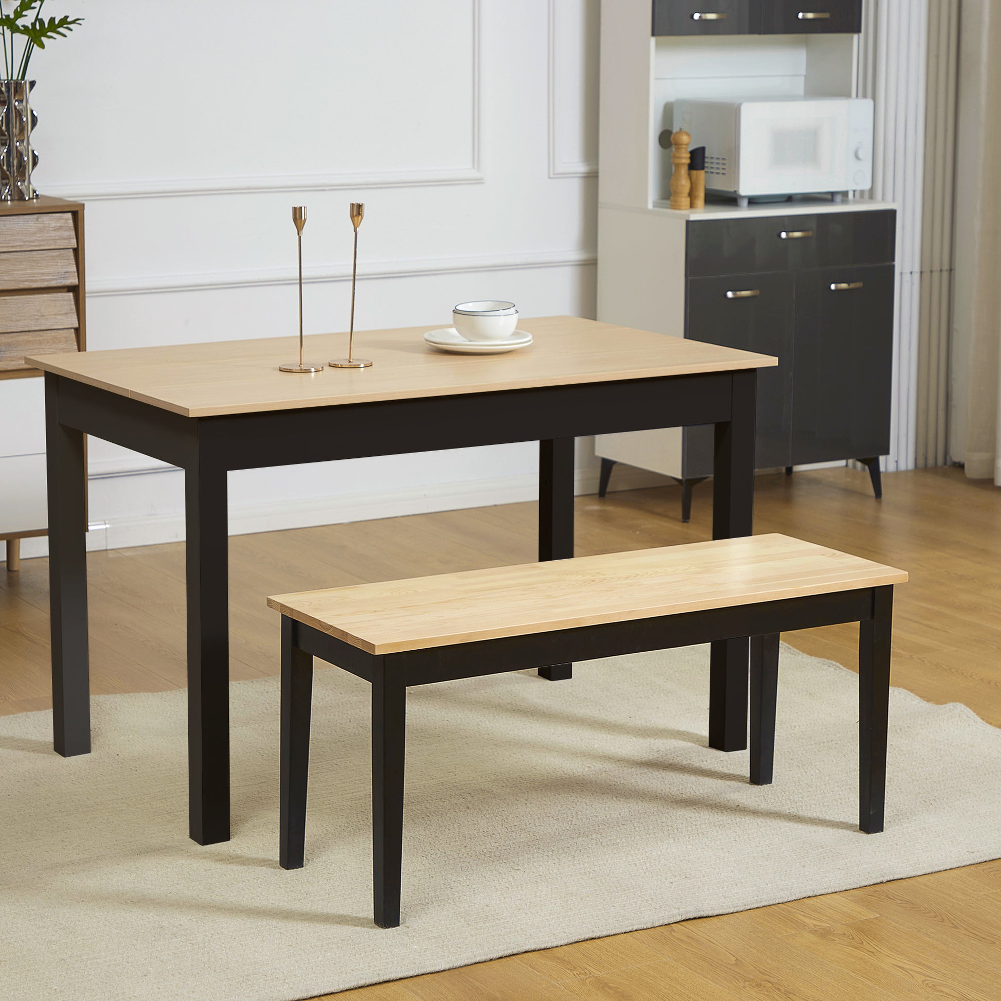 2-Seater Wooden Bench, Kitchen Bench Living Room Bench for Kitchen, Entrance, up to 220 kg Load Capacity, Pine Wood, Natural+Black, 102 x 36 x 45 cm