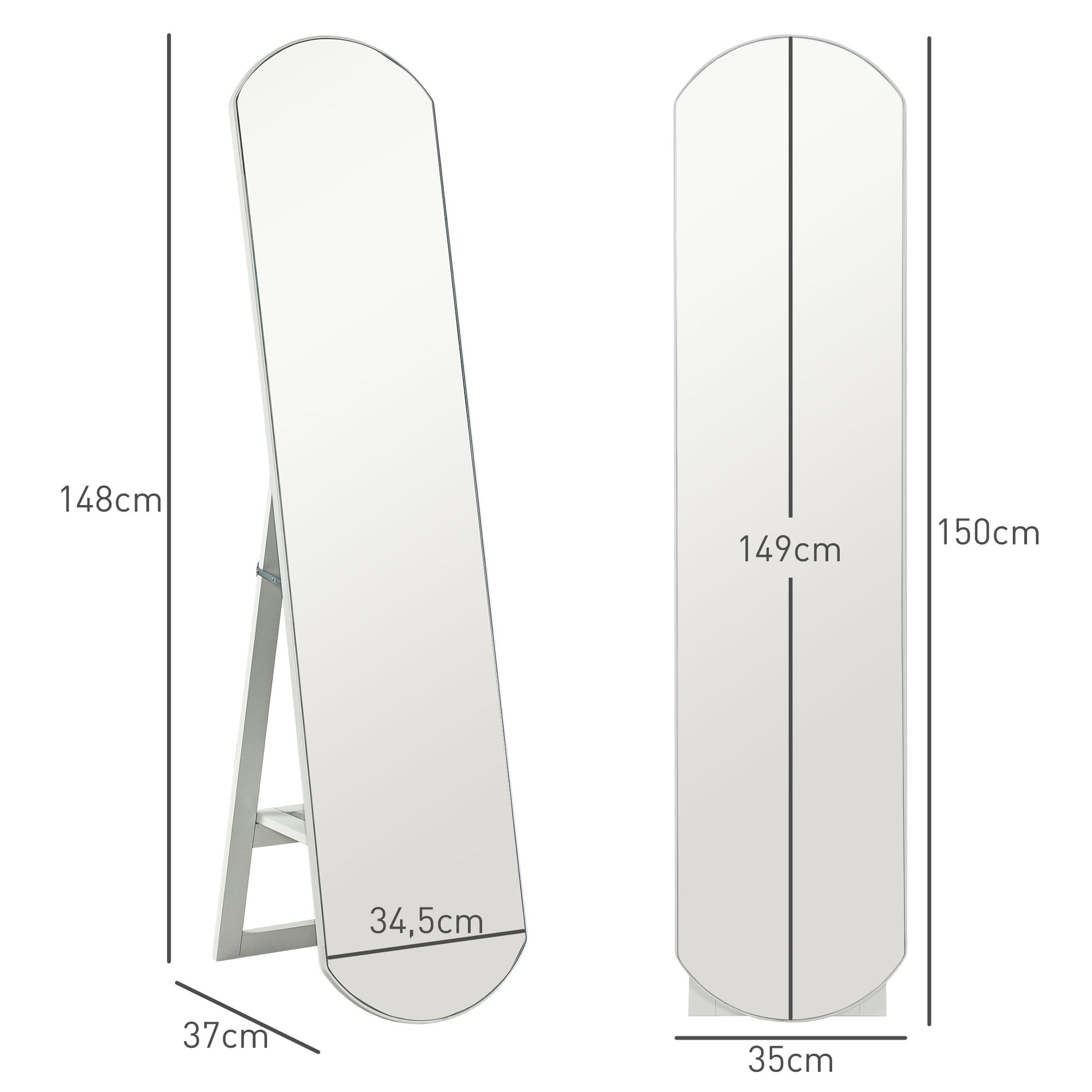 Arched Floor Standing Mirror 150 cm, Large Mirror with Storage Shelf, Wall Mounted or Freestanding, for Bedroom, Entryway, Hallway, White