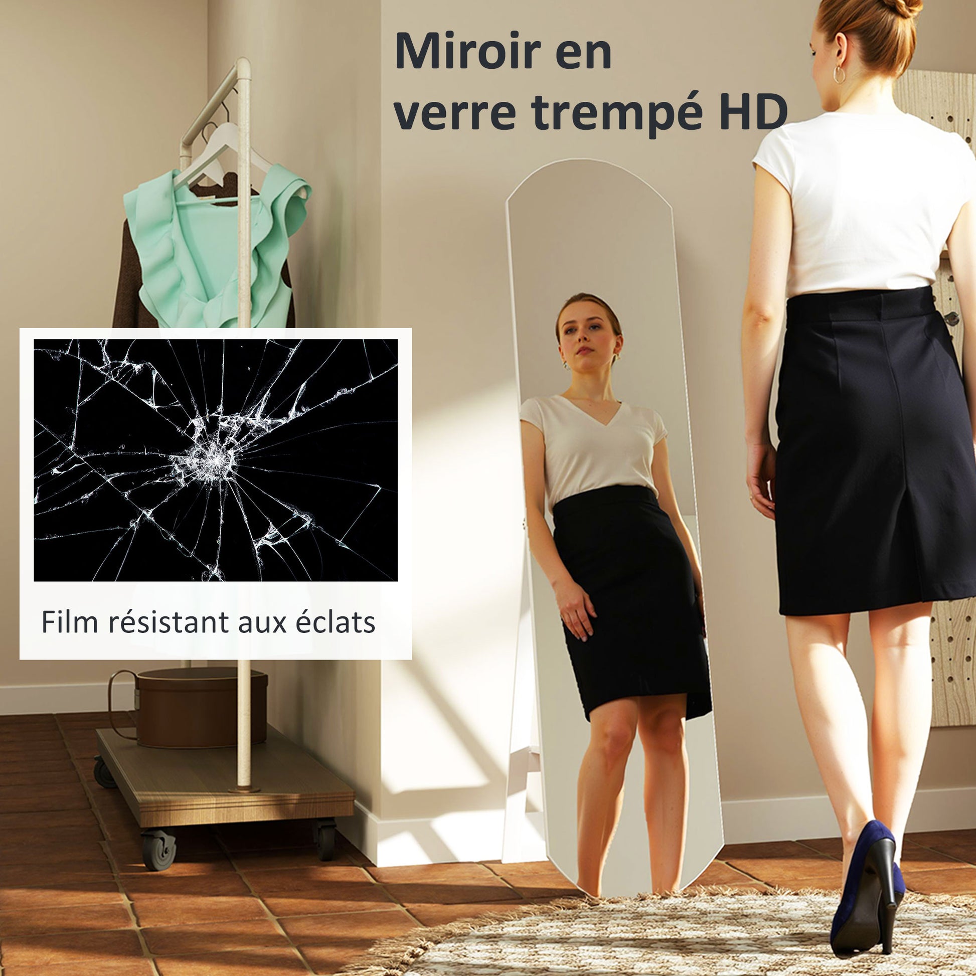 Arched Floor Standing Mirror 150 cm, Large Mirror with Storage Shelf, Wall Mounted or Freestanding, for Bedroom, Entryway, Hallway, White