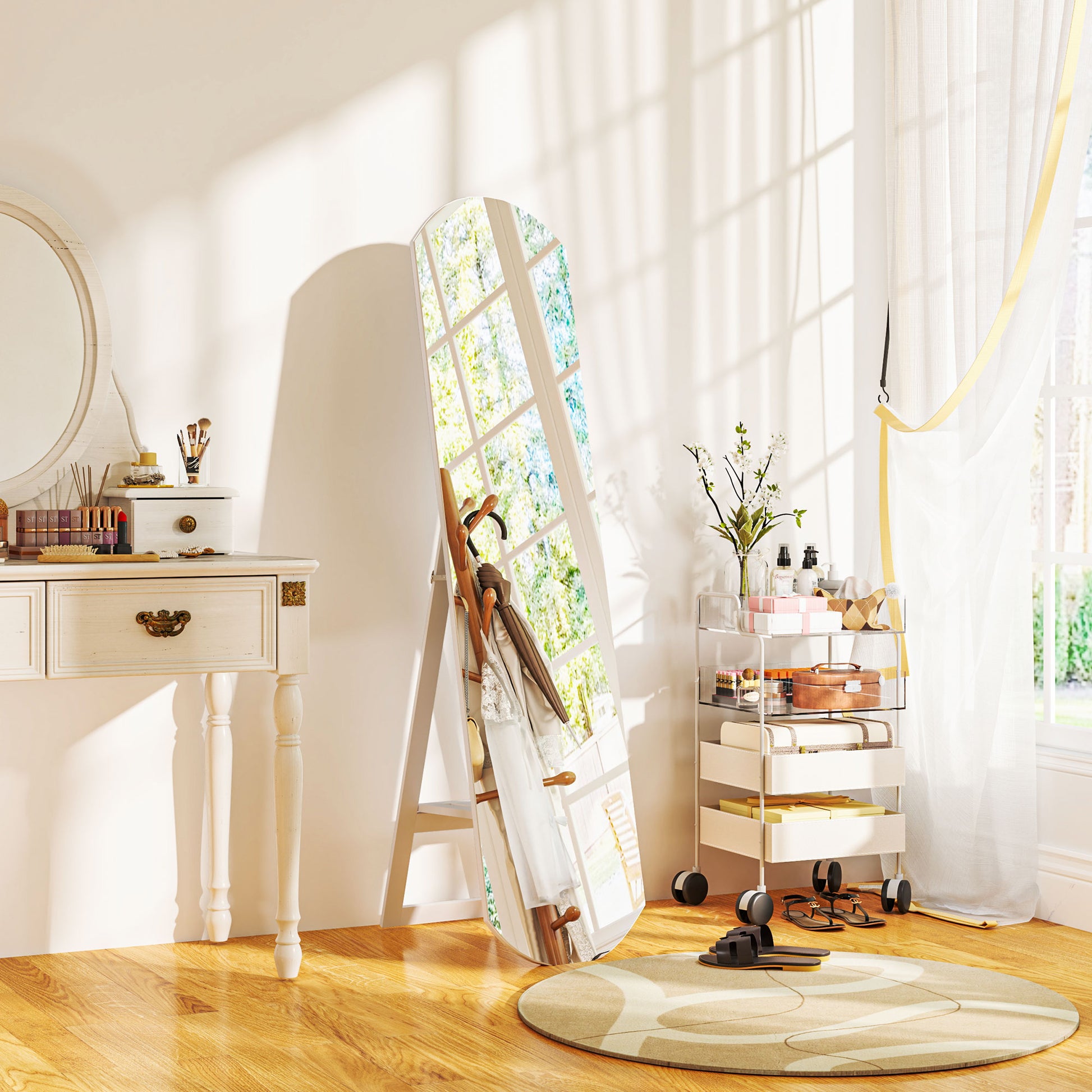 Arched Floor Standing Mirror 150 cm, Large Mirror with Storage Shelf, Wall Mounted or Freestanding, for Bedroom, Entryway, Hallway, White