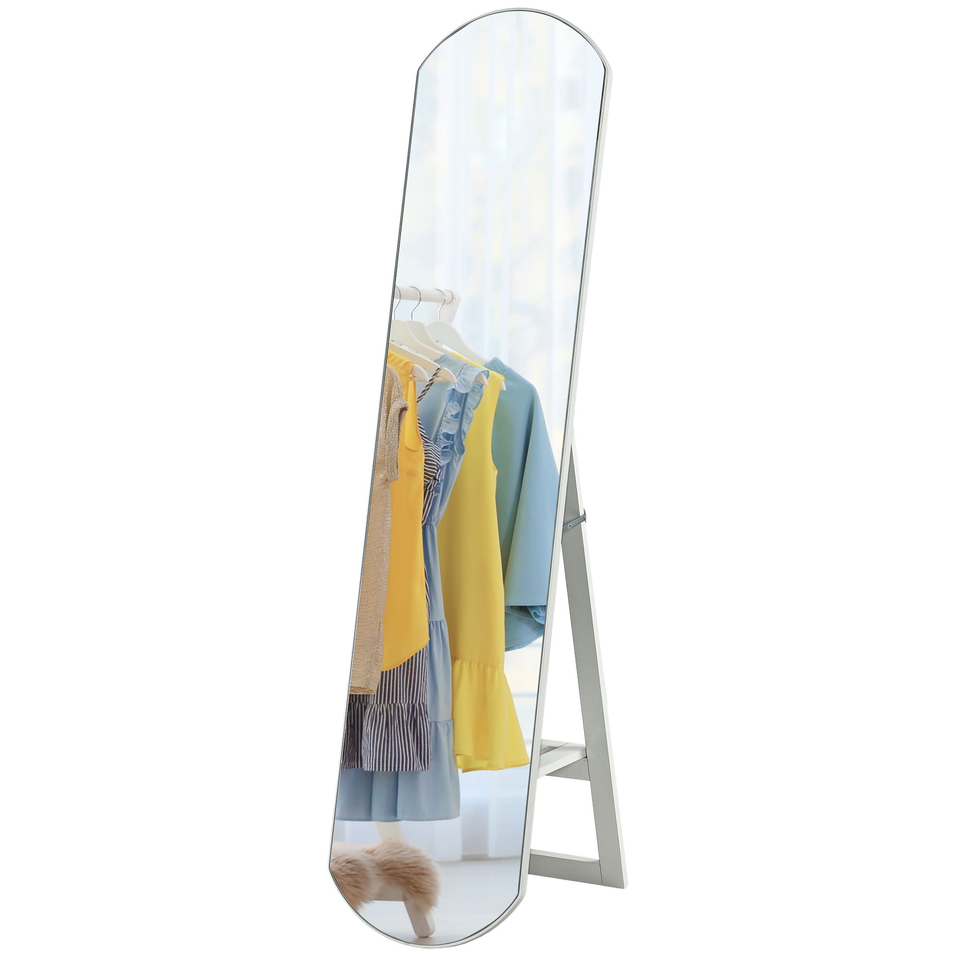 Arched Floor Standing Mirror 150 cm, Large Mirror with Storage Shelf, Wall Mounted or Freestanding, for Bedroom, Entryway, Hallway, White