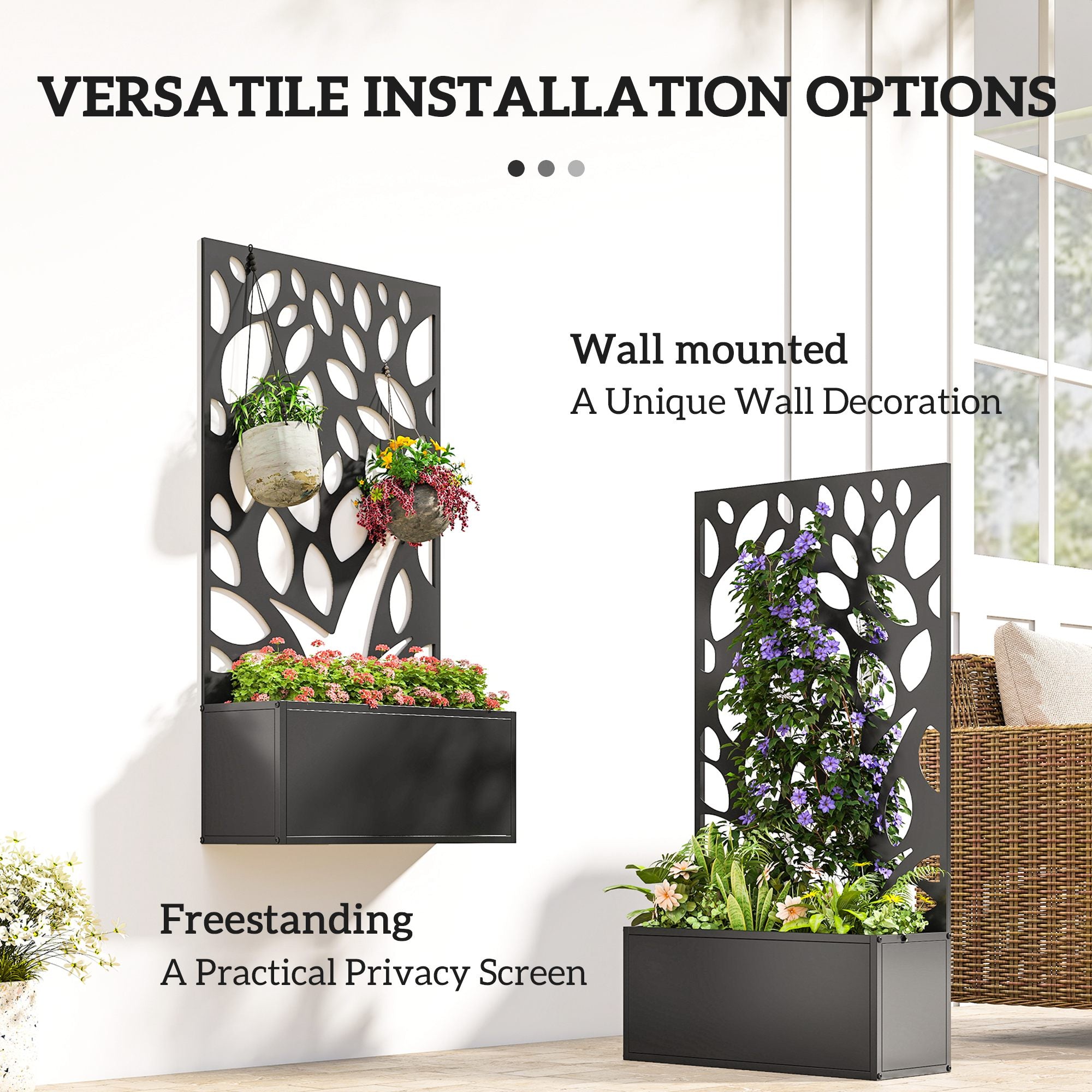 Elevated Metal Planter with Privacy Panel & Trellis, 61 x 23 x 113 cm (24 x 9.1 x 44.5 in)