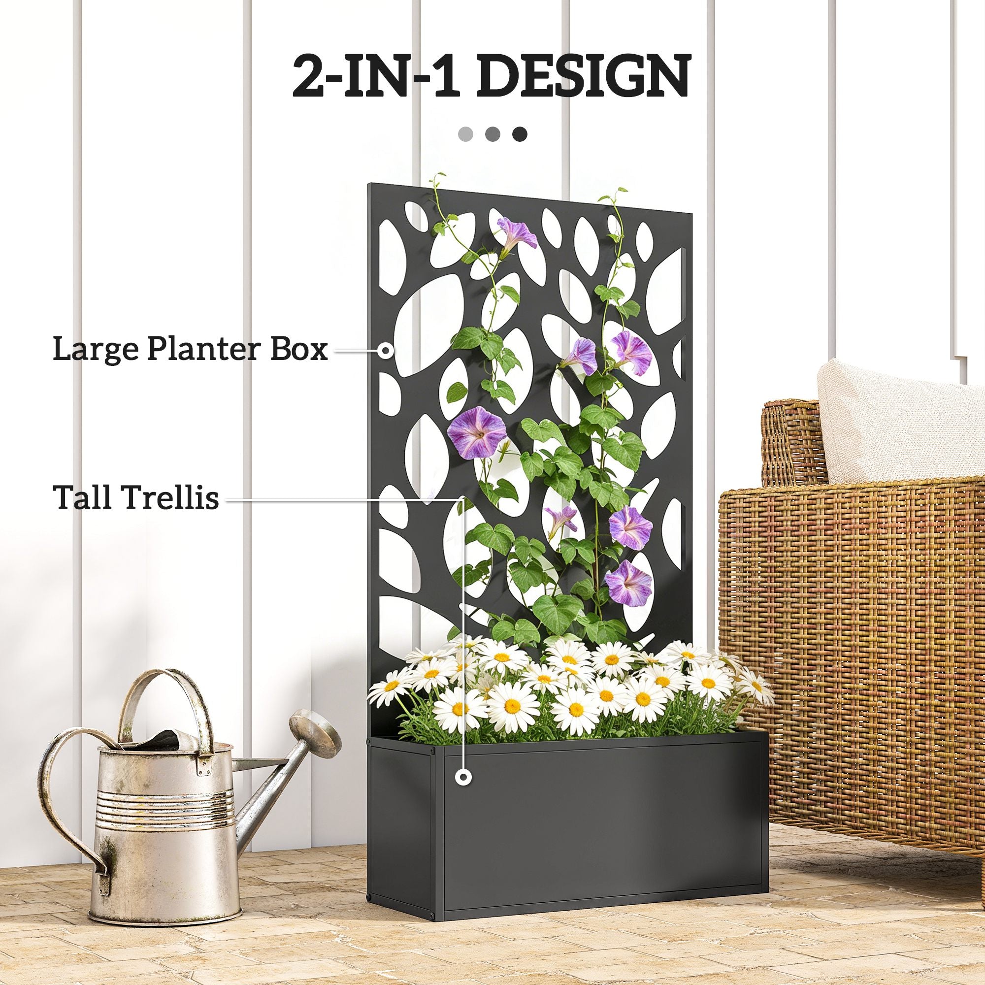 Elevated Metal Planter with Privacy Panel & Trellis, 61 x 23 x 113 cm (24 x 9.1 x 44.5 in)
