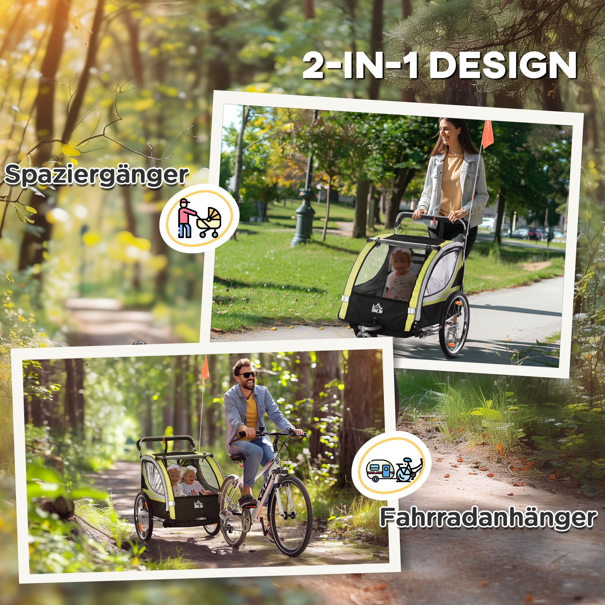 2 in 1 Folding Child Bike Trailer with Detachable Front Wheel, Rear Brakes, Bike Trailer for 2 Children from 18 Months, Up to 26.4 kg Capacity, Yellow