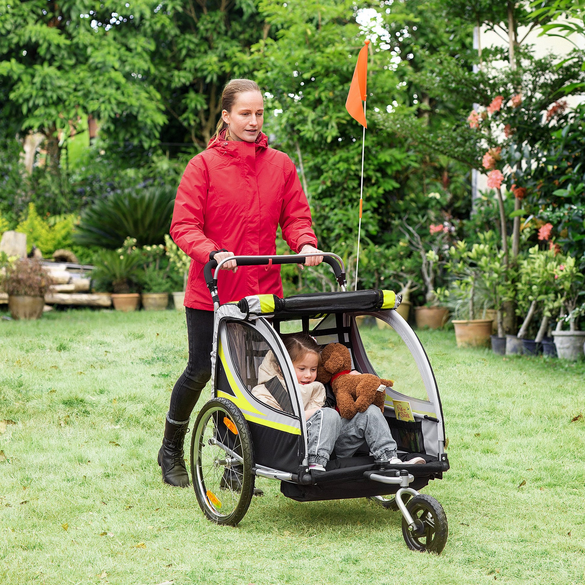 2 in 1 Folding Child Bike Trailer with Detachable Front Wheel, Rear Brakes, Bike Trailer for 2 Children from 18 Months, Up to 26.4 kg Capacity, Yellow
