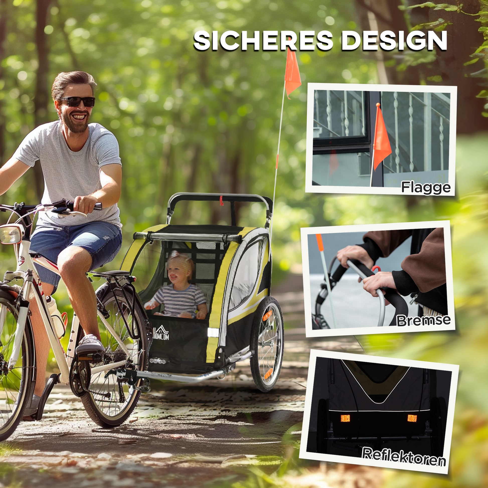 2 in 1 Folding Child Bike Trailer with Detachable Front Wheel, Rear Brakes, Bike Trailer for 2 Children from 18 Months, Up to 26.4 kg Capacity, Yellow