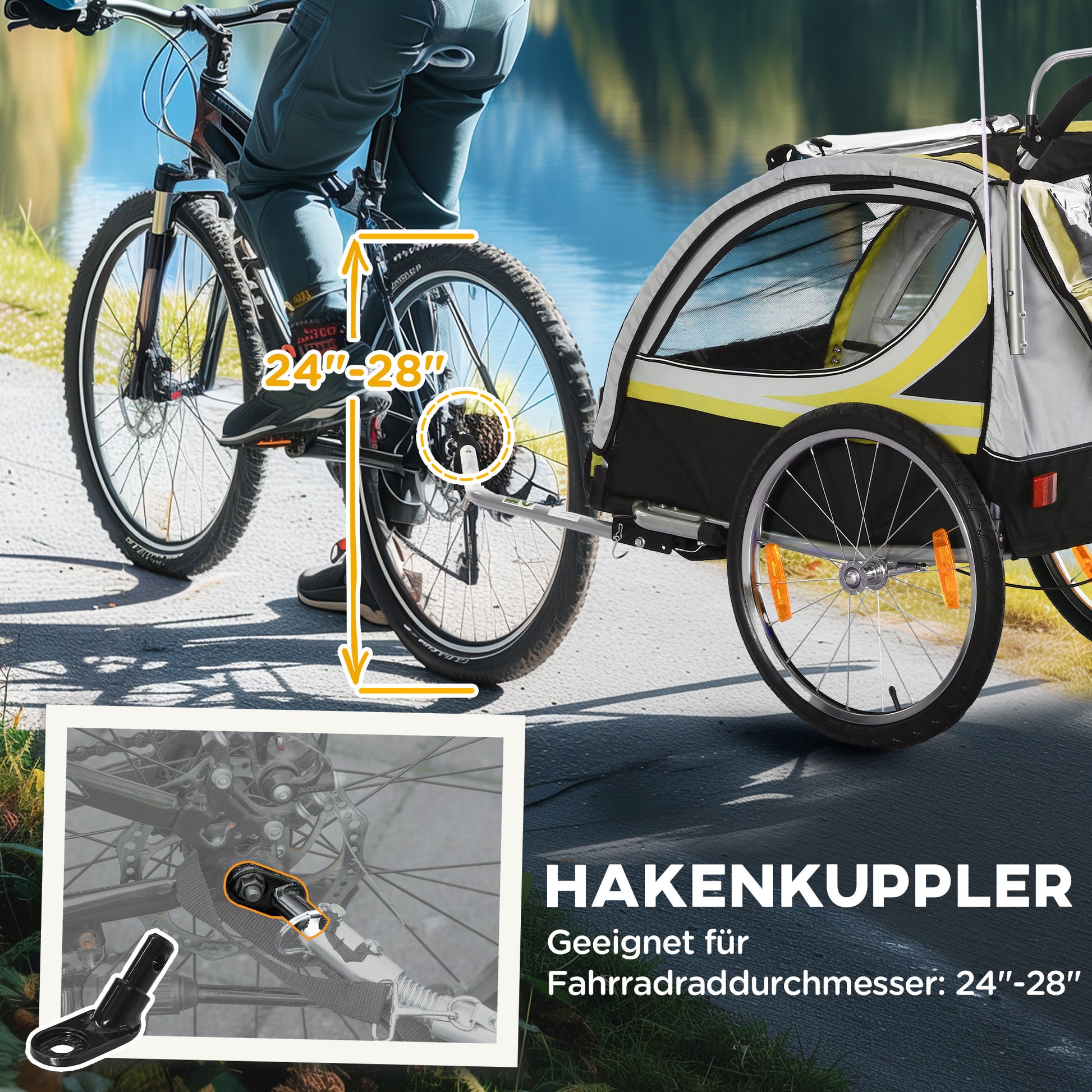 2 in 1 Folding Child Bike Trailer with Detachable Front Wheel, Rear Brakes, Bike Trailer for 2 Children from 18 Months, Up to 26.4 kg Capacity, Yellow