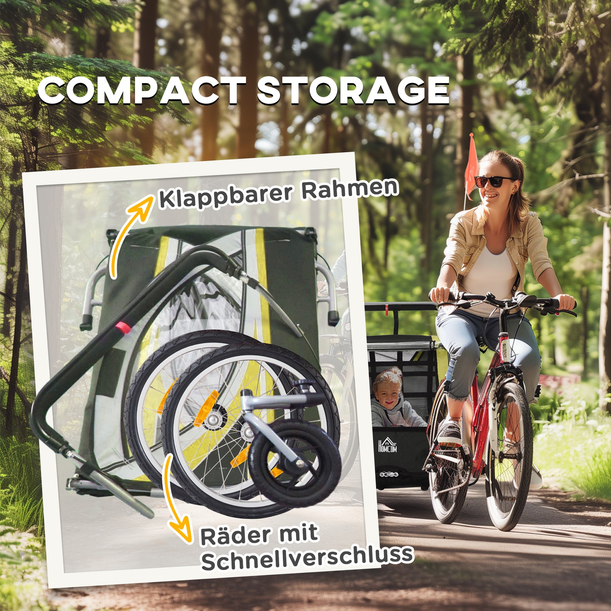 2 in 1 Folding Child Bike Trailer with Detachable Front Wheel, Rear Brakes, Bike Trailer for 2 Children from 18 Months, Up to 26.4 kg Capacity, Yellow
