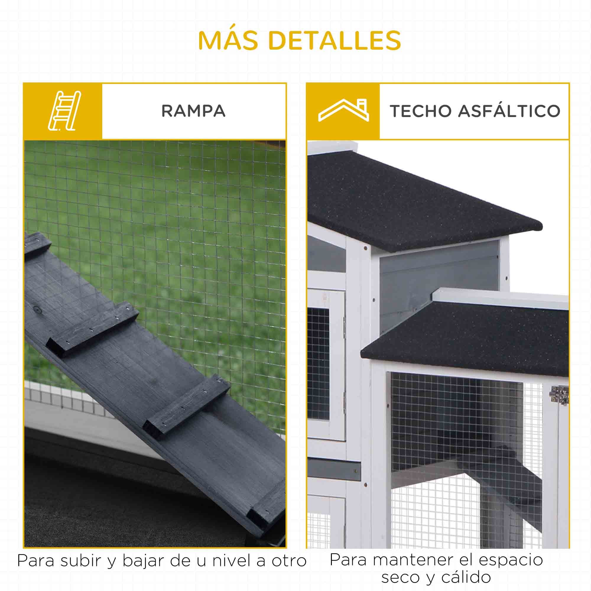 Wooden Outdoor Rabbit Hutch with Asphalt Roof 2 Levels 2 Metal Pens Removable Tray 2 Doors and Ramp 157.4x53x93.5 cm Gray