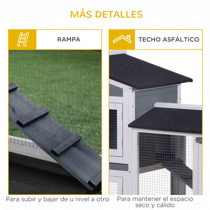 Wooden Outdoor Rabbit Hutch with Asphalt Roof 2 Levels 2 Metal Pens Removable Tray 2 Doors and Ramp 157.4x53x93.5 cm Gray