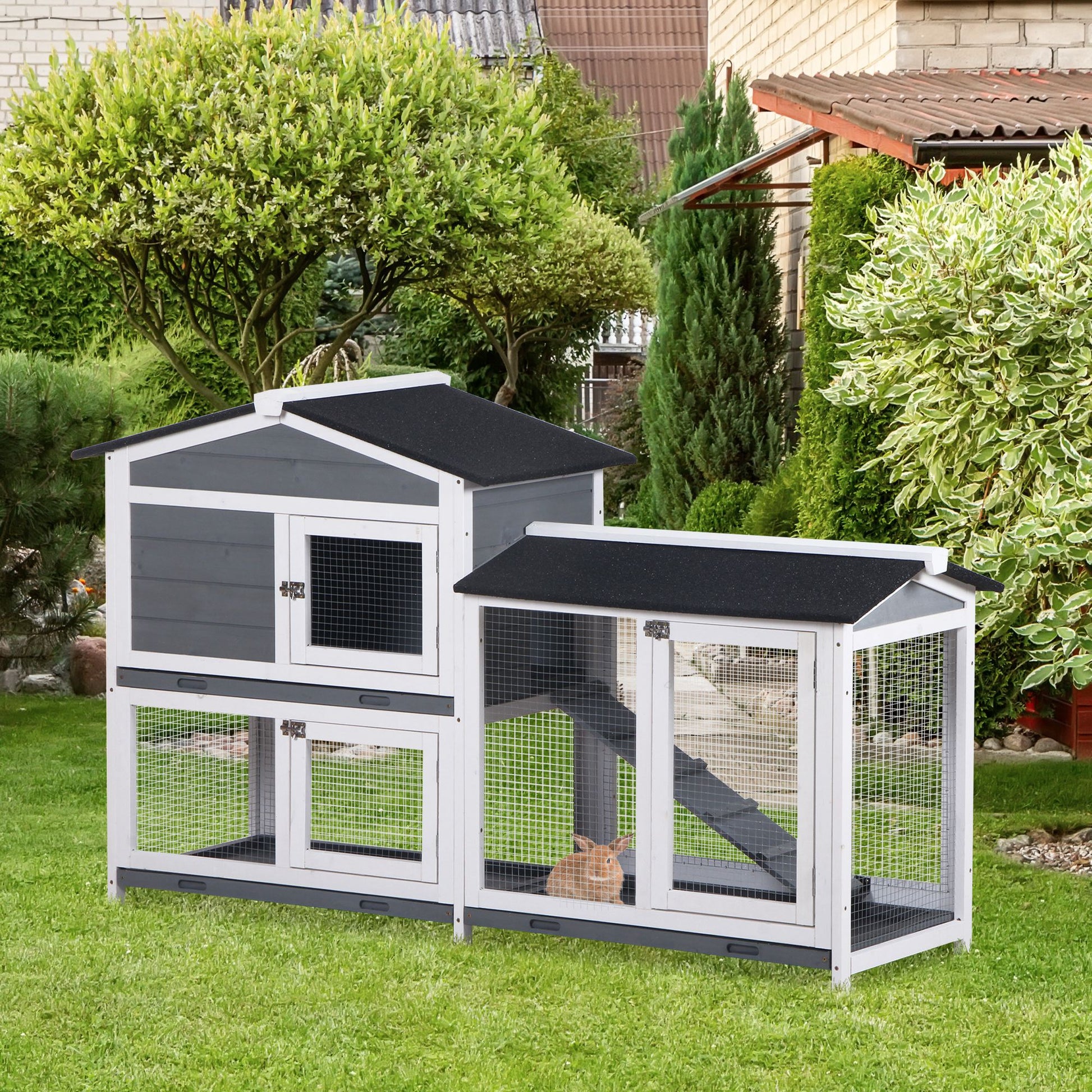 Wooden Outdoor Rabbit Hutch with Asphalt Roof 2 Levels 2 Metal Pens Removable Tray 2 Doors and Ramp 157.4x53x93.5 cm Gray