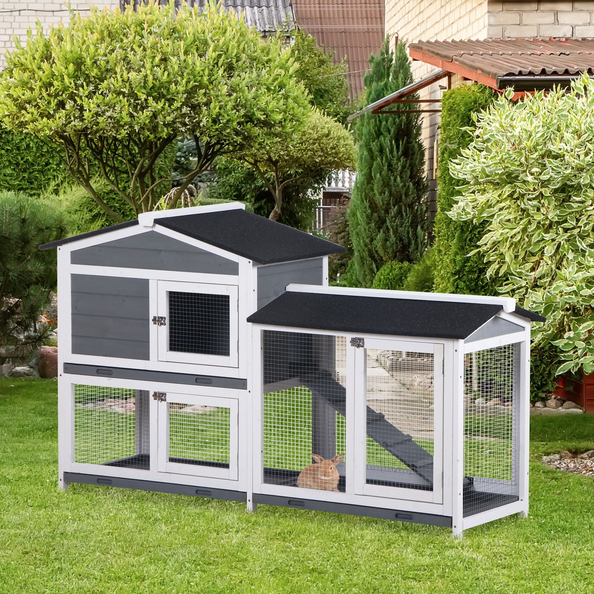 Wooden Outdoor Rabbit Hutch with Asphalt Roof 2 Levels 2 Metal Pens Removable Tray 2 Doors and Ramp 157.4x53x93.5 cm Gray