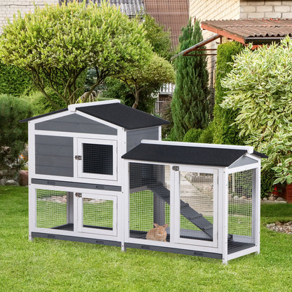 Wooden Outdoor Rabbit Hutch with Asphalt Roof 2 Levels 2 Metal Pens Removable Tray 2 Doors and Ramp 157.4x53x93.5 cm Gray