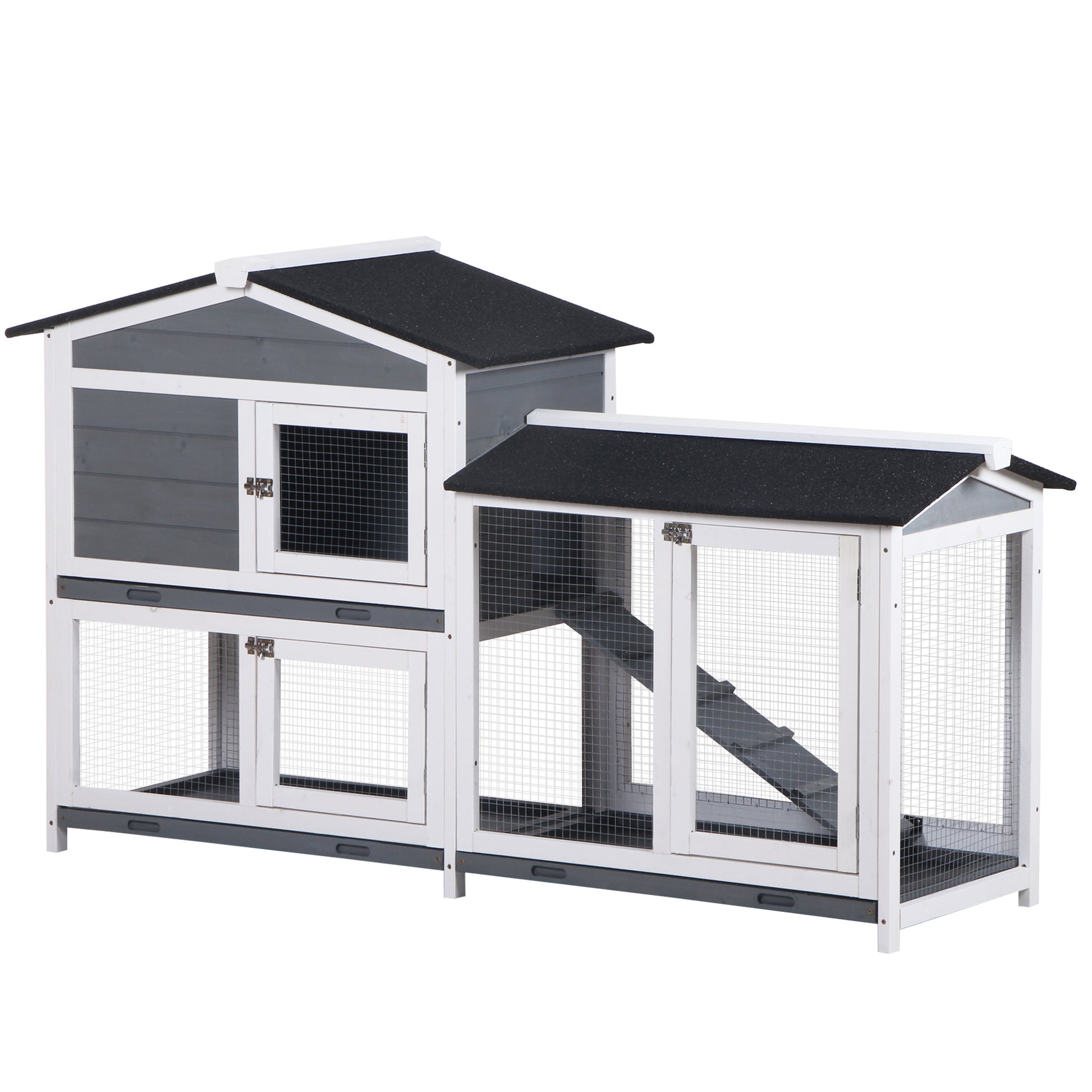 Wooden Outdoor Rabbit Hutch with Asphalt Roof 2 Levels 2 Metal Pens Removable Tray 2 Doors and Ramp 157.4x53x93.5 cm Gray