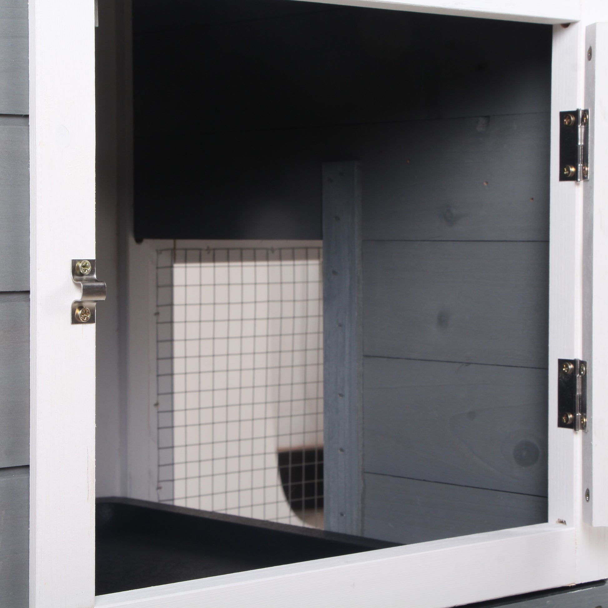 Wooden Outdoor Rabbit Hutch with Asphalt Roof 2 Levels 2 Metal Pens Removable Tray 2 Doors and Ramp 157.4x53x93.5 cm Gray