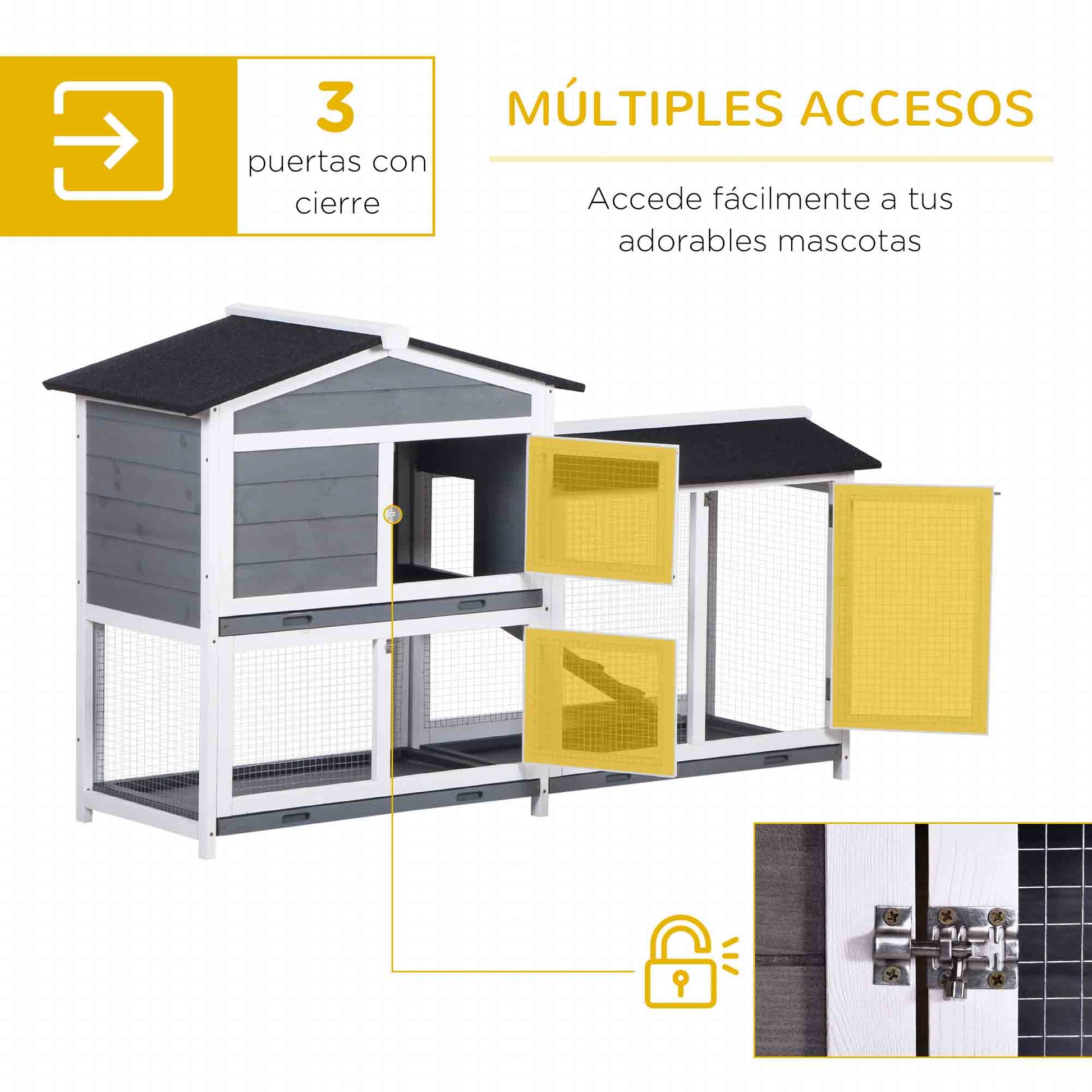 Wooden Outdoor Rabbit Hutch with Asphalt Roof 2 Levels 2 Metal Pens Removable Tray 2 Doors and Ramp 157.4x53x93.5 cm Gray