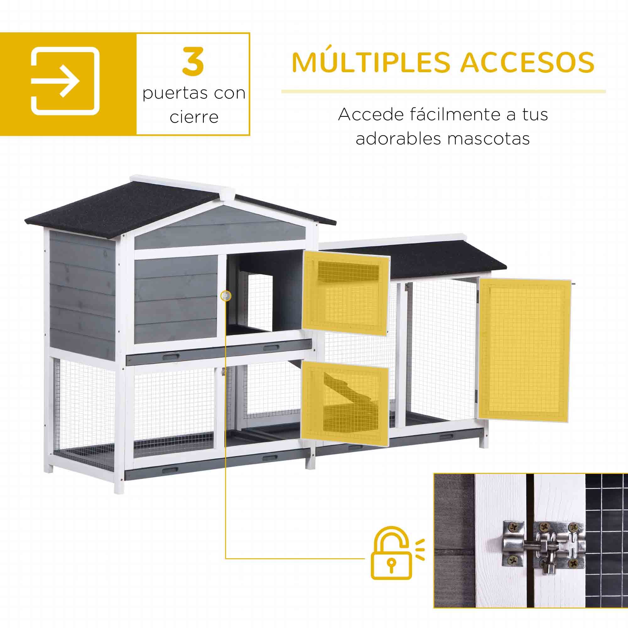 Wooden Outdoor Rabbit Hutch with Asphalt Roof 2 Levels 2 Metal Pens Removable Tray 2 Doors and Ramp 157.4x53x93.5 cm Gray