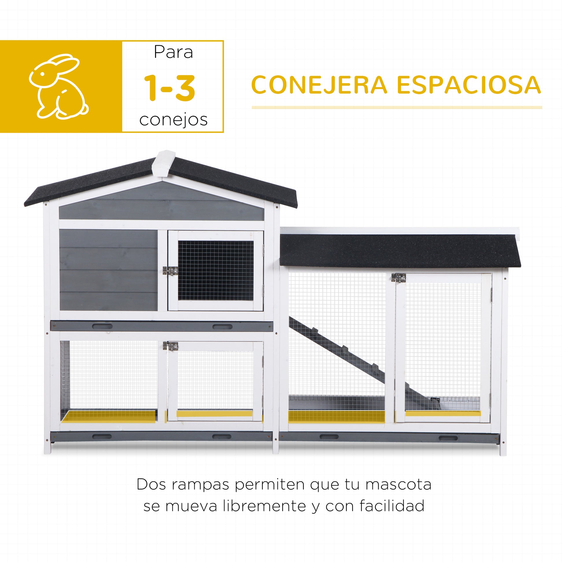 Wooden Outdoor Rabbit Hutch with Asphalt Roof 2 Levels 2 Metal Pens Removable Tray 2 Doors and Ramp 157.4x53x93.5 cm Gray