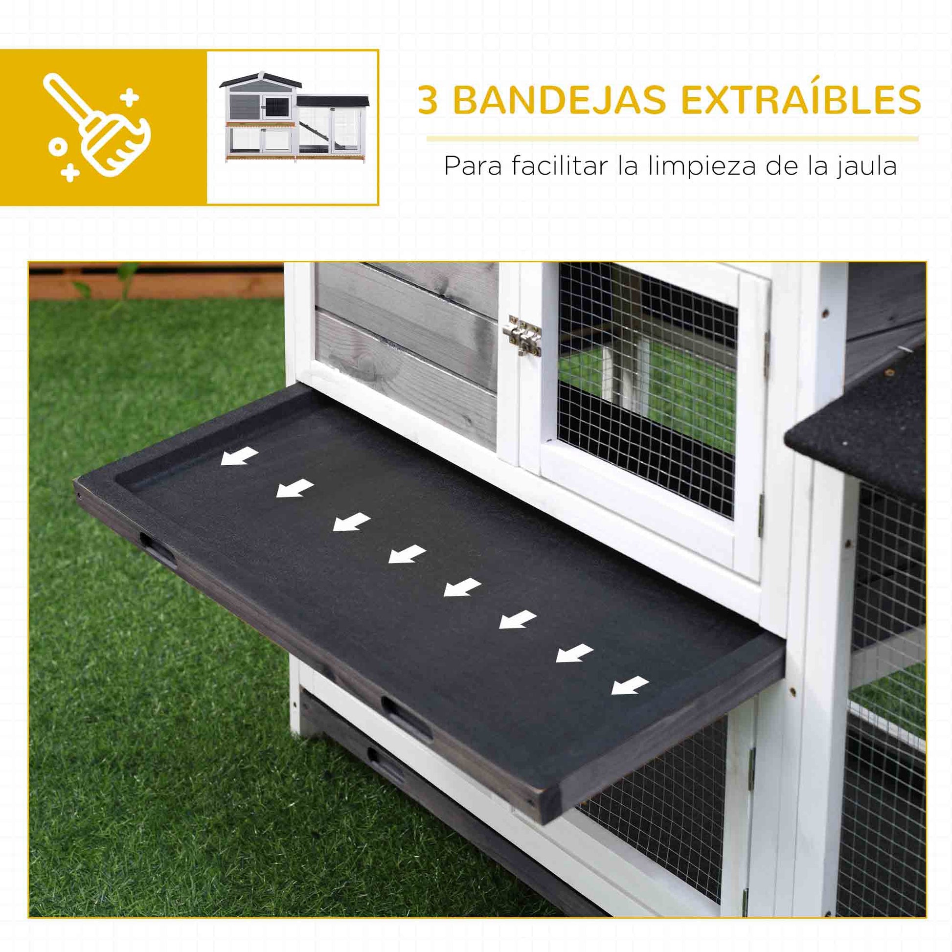 Wooden Outdoor Rabbit Hutch with Asphalt Roof 2 Levels 2 Metal Pens Removable Tray 2 Doors and Ramp 157.4x53x93.5 cm Gray