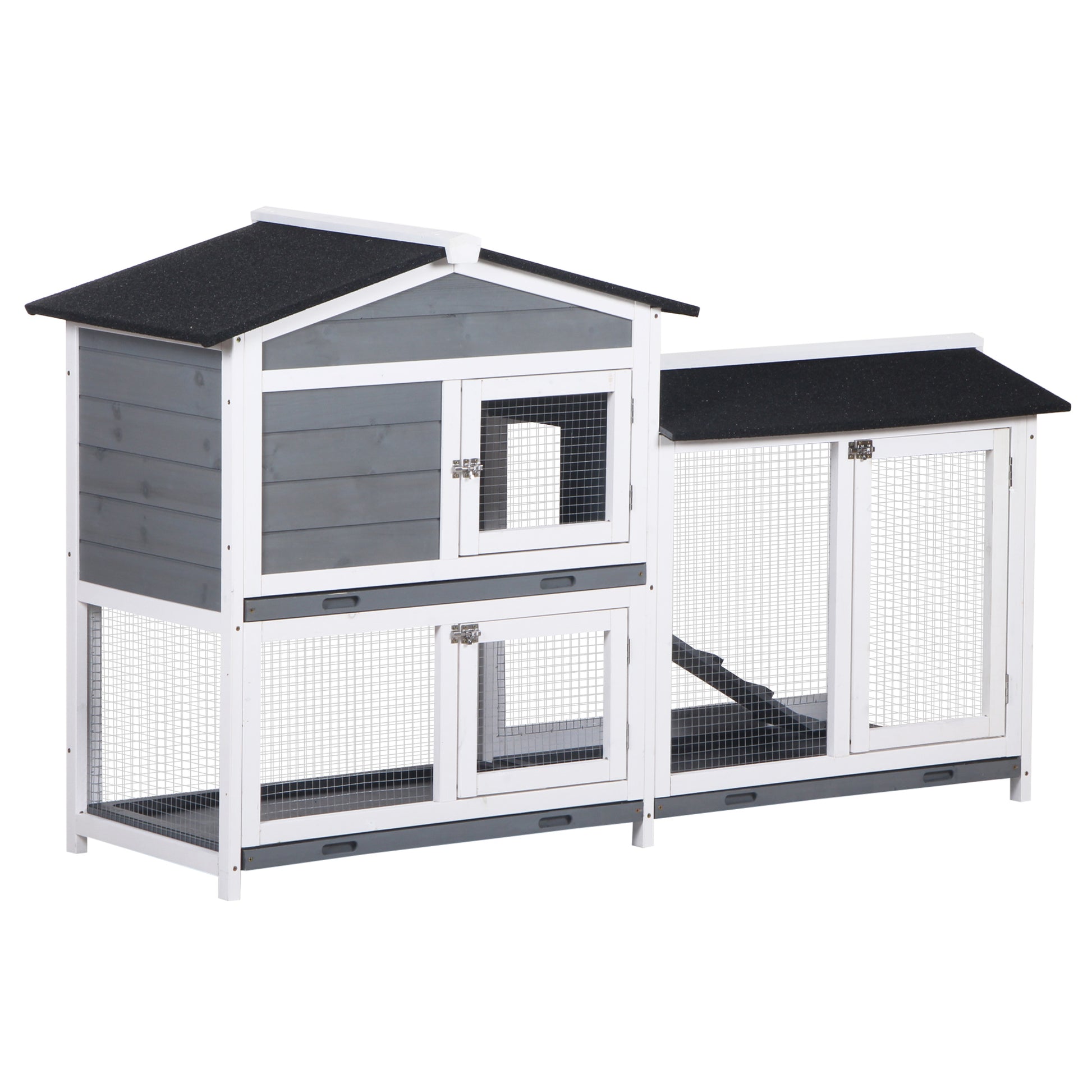 Wooden Outdoor Rabbit Hutch with Asphalt Roof 2 Levels 2 Metal Pens Removable Tray 2 Doors and Ramp 157.4x53x93.5 cm Gray