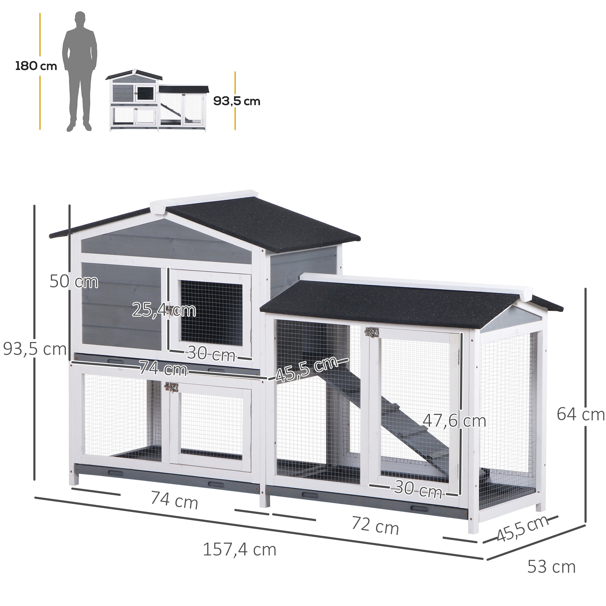 Wooden Outdoor Rabbit Hutch with Asphalt Roof 2 Levels 2 Metal Pens Removable Tray 2 Doors and Ramp 157.4x53x93.5 cm Gray