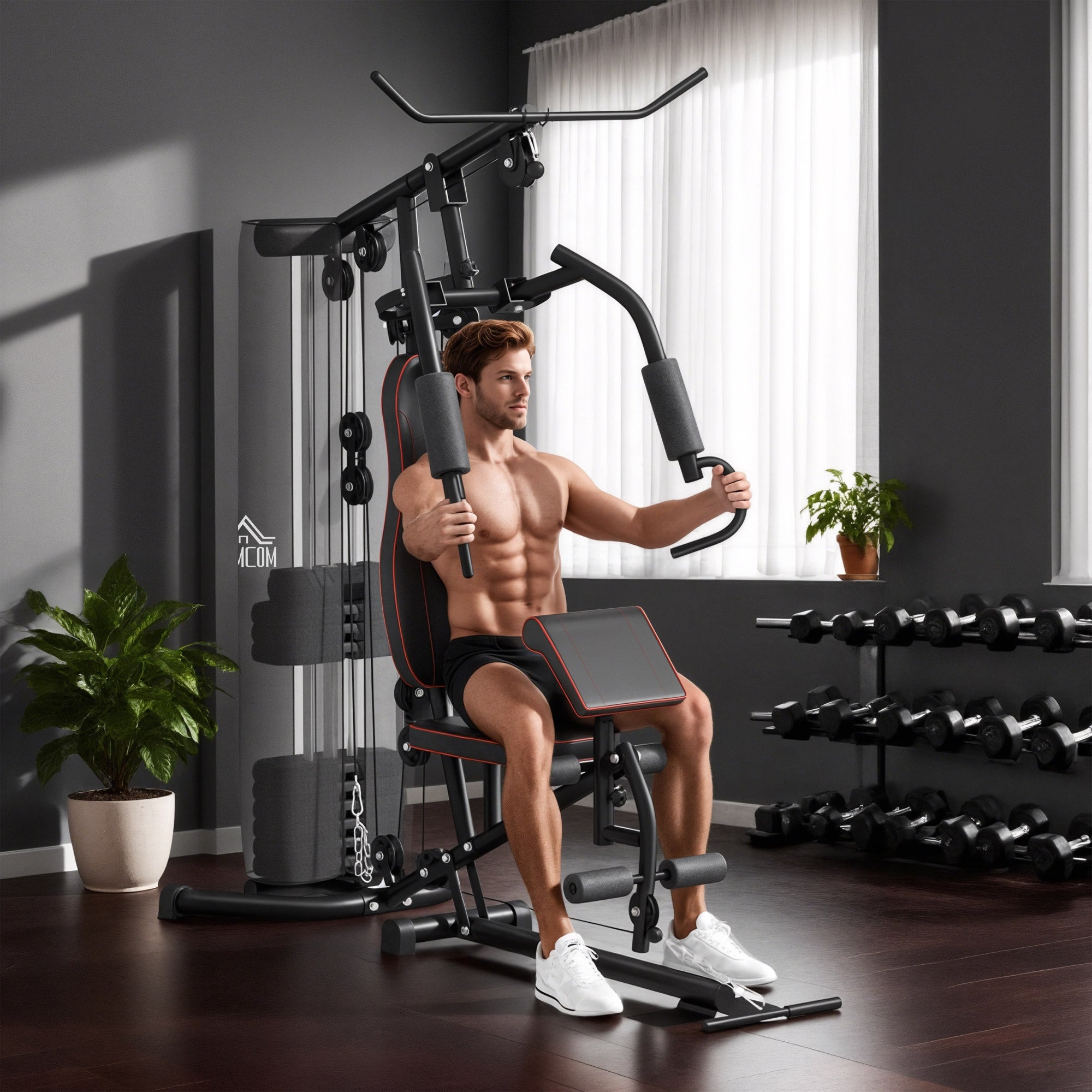 Home Gym, Multifunctional Fitness Station with Lat Pulldown & Butterfly Bar, Weight Bench, Cable Pulley, Chest Press, Leg Curler, Fitness Equipment with 45 kg Weight Blocks for Home, Black