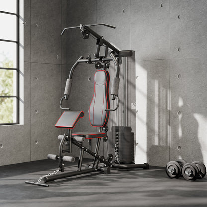 Home Gym, Multifunctional Fitness Station with Lat Pulldown & Butterfly Bar, Weight Bench, Cable Pulley, Chest Press, Leg Curler, Fitness Equipment with 45 kg Weight Blocks for Home, Black