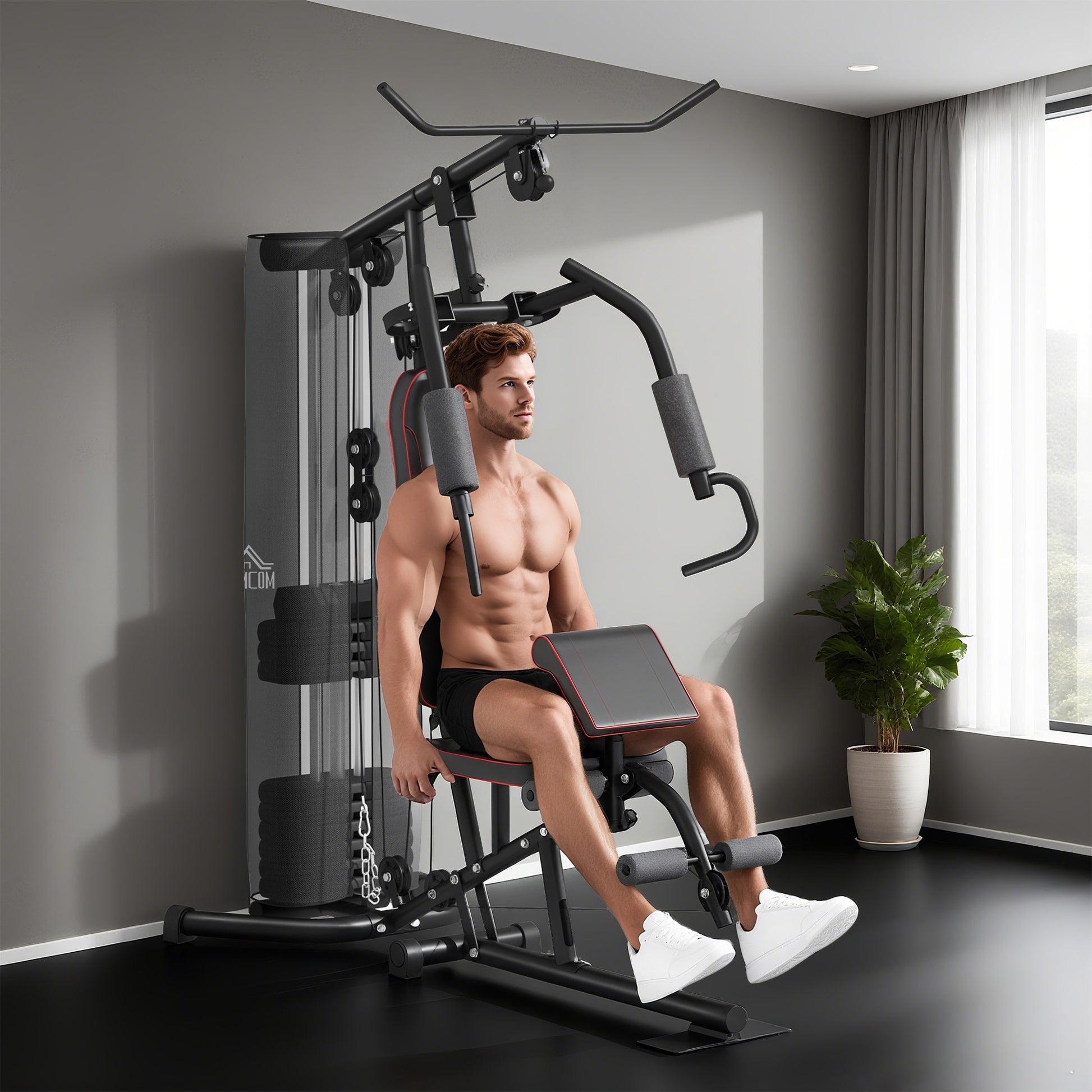 Home Gym, Multifunctional Fitness Station with Lat Pulldown & Butterfly Bar, Weight Bench, Cable Pulley, Chest Press, Leg Curler, Fitness Equipment with 45 kg Weight Blocks for Home, Black