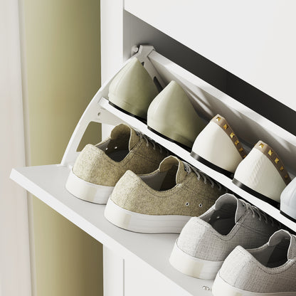 Narrow Shoe Cabinet Shoe Rack Entryway Hallway with 3 Foldable Drawers Adjustable Shelves and PU Handles for 21 Pairs of Shoes for Hallway 80x24x131 cm White